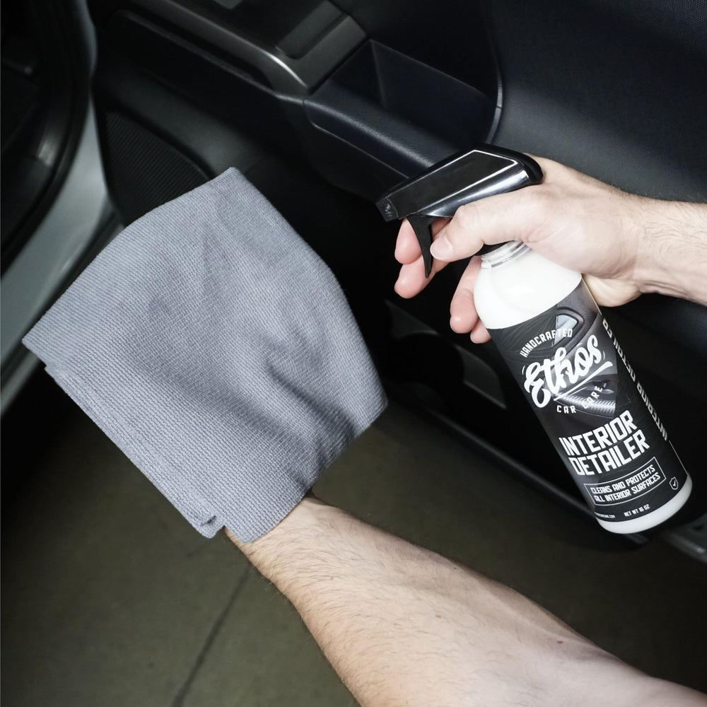 Ethos Handcrafted Car Care before and after dashboard showing restored satin finish