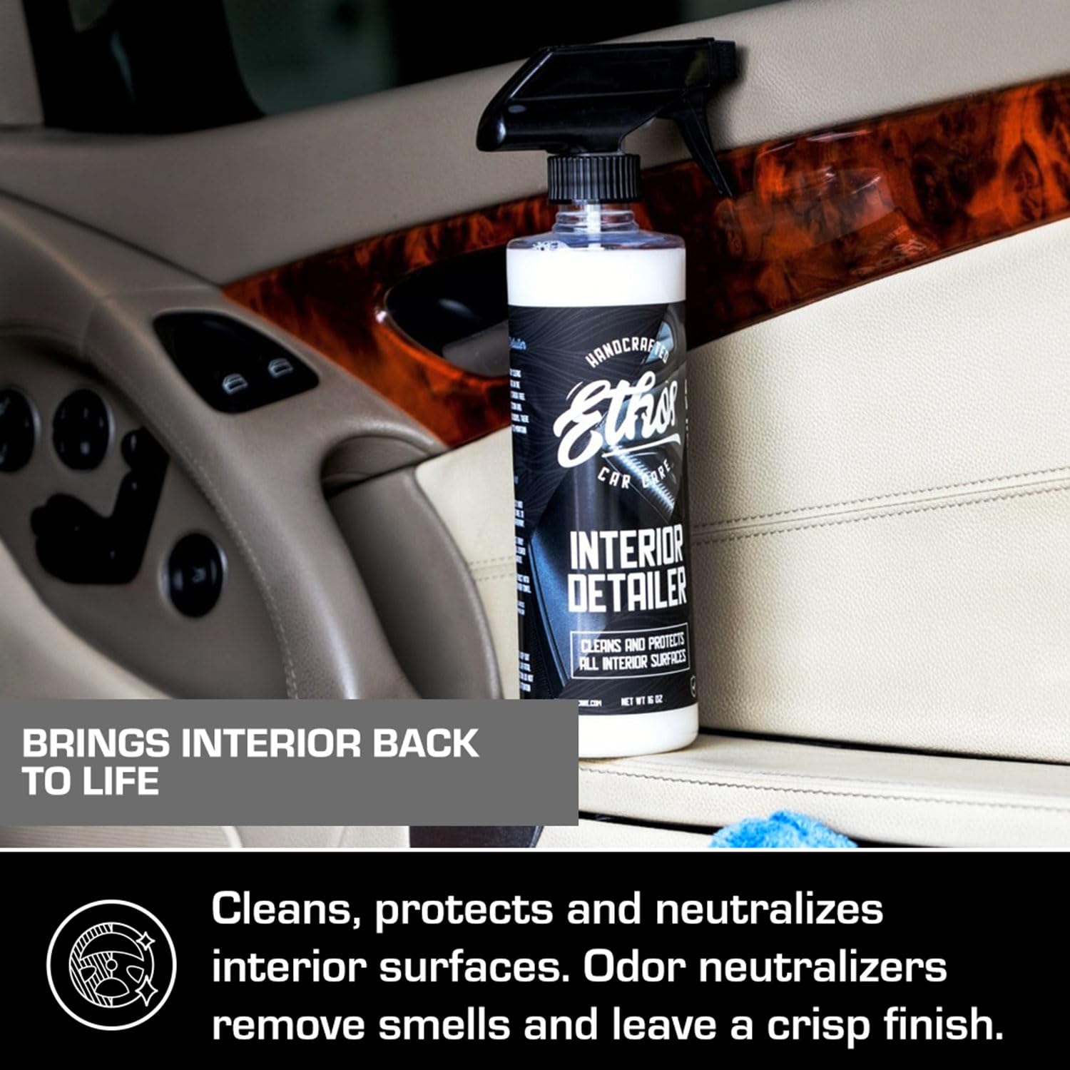 Ethos Handcrafted Car Care applied to steering wheel for improved grip and protection