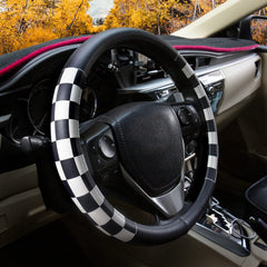 Evankin steering wheel cover front view showing black and white lattice for stylish protection