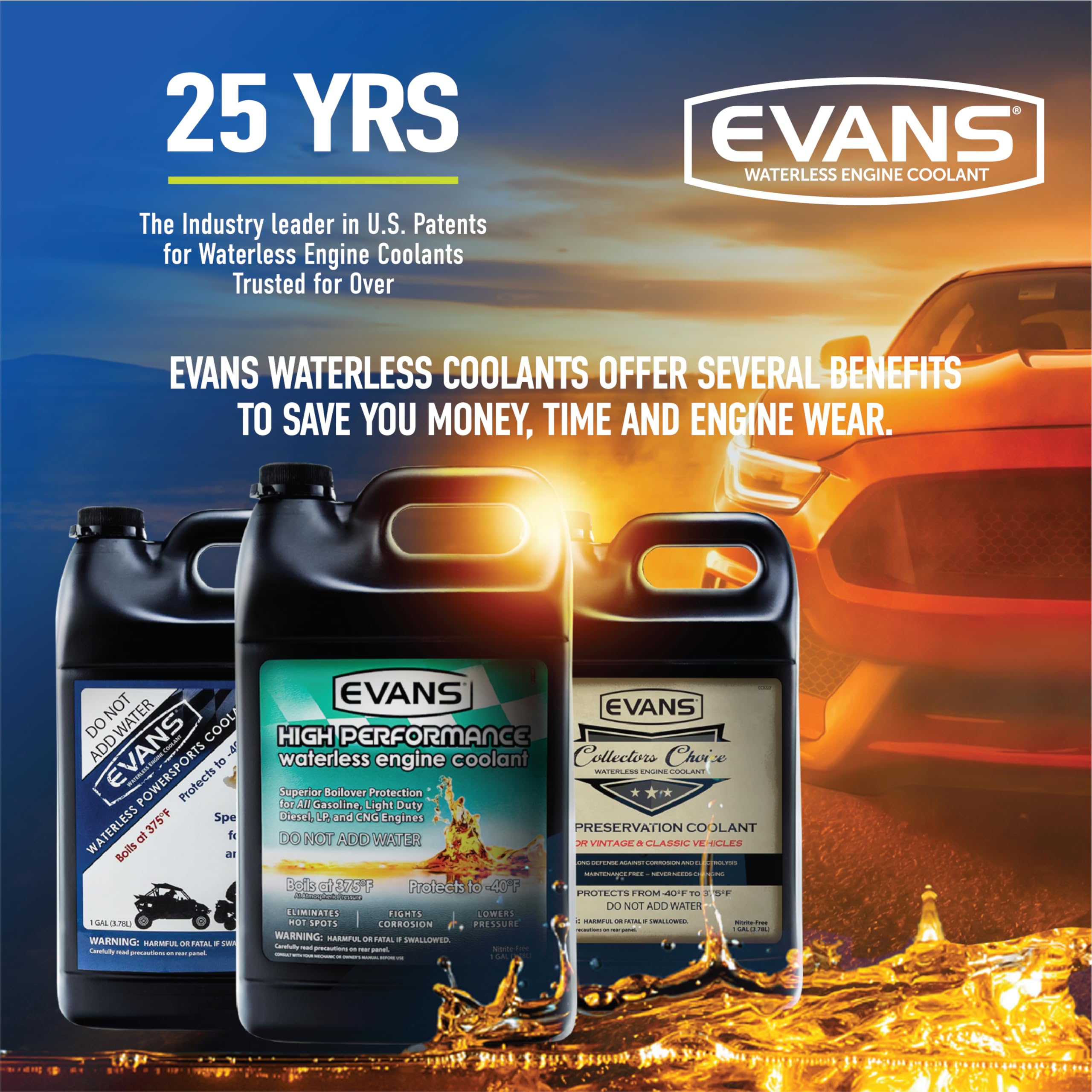 EVANS bottle beside cooling-system flush tools illustrating conversion