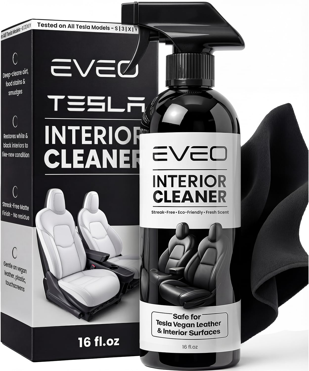 EVEO front label 16oz bottle showing product identity and safe cleaning