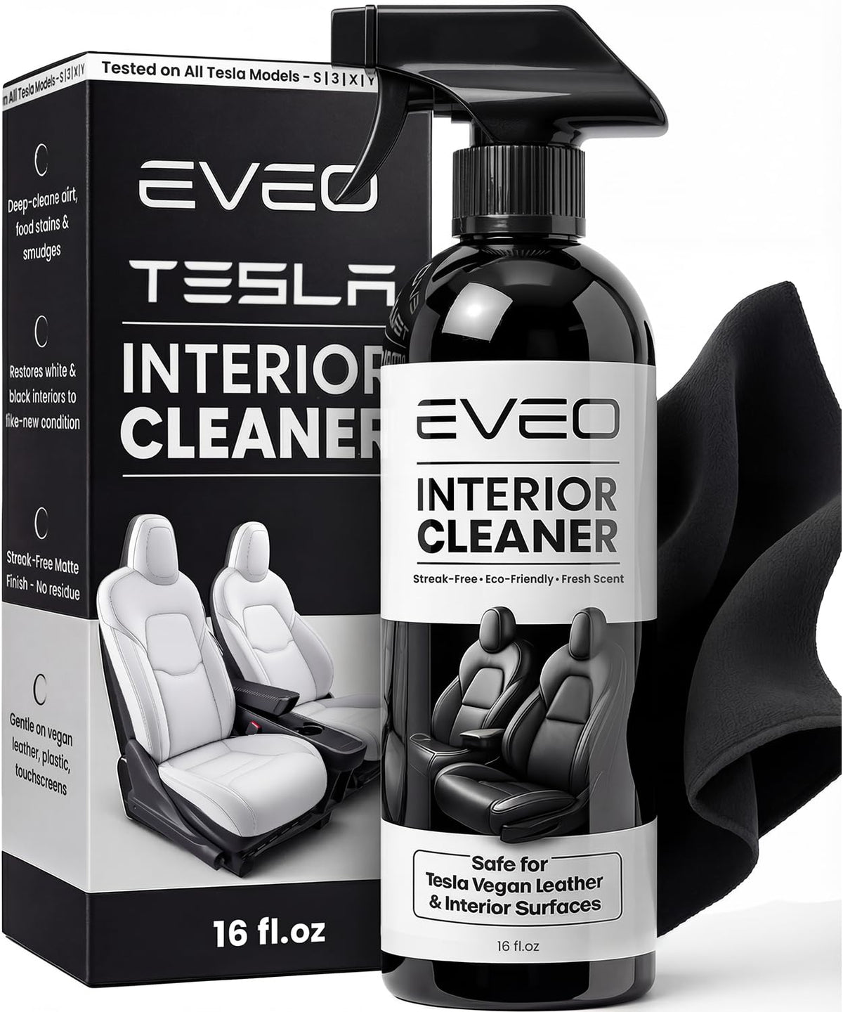 EVEO front label 16oz bottle showing product identity and safe cleaning