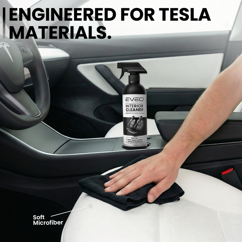 EVEO spray mist on vegan leather seat demonstrating gentle cleaning action