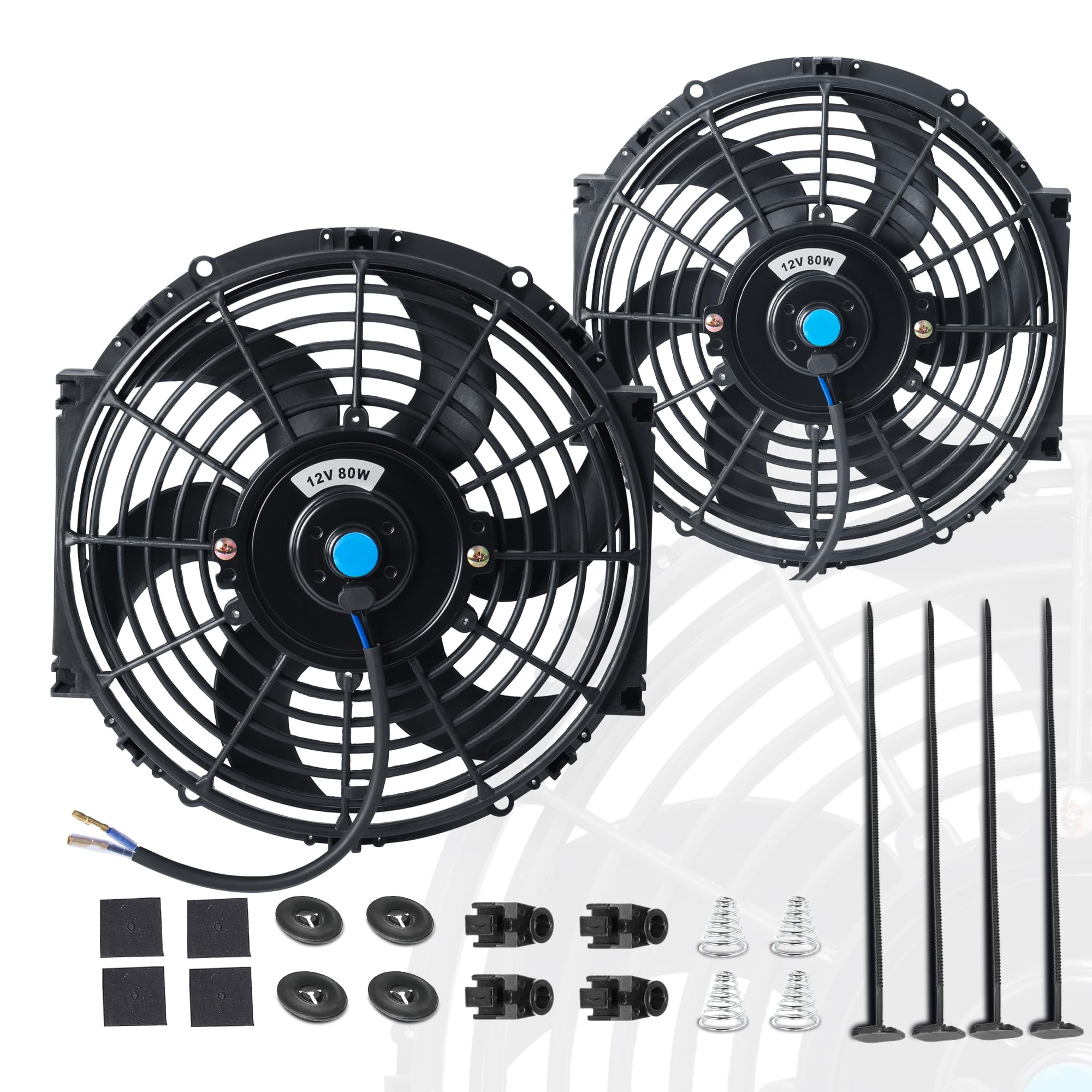 EVERESTWAY front view of 10-inch fan pair showing slim profile and airflow benefit