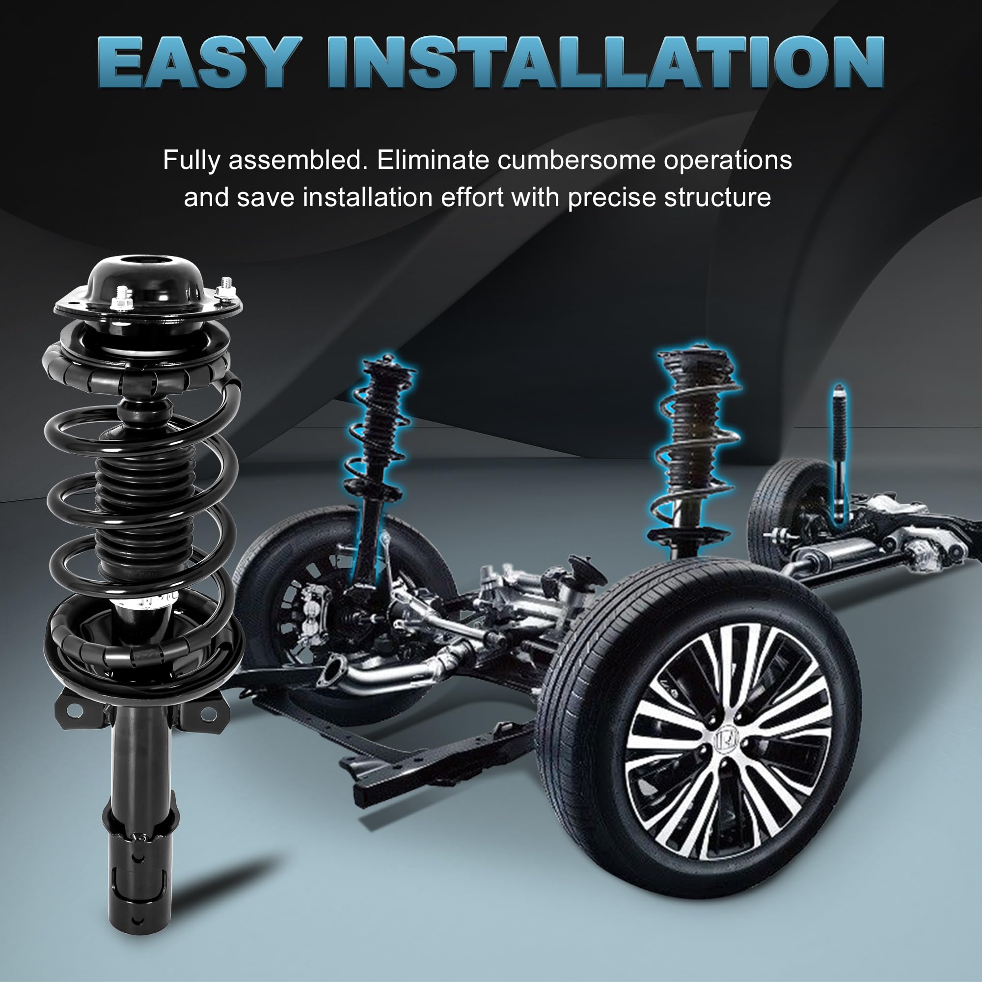 EVERESTWAY strut mounted on vehicle in garage illustrating direct-swap installation ease