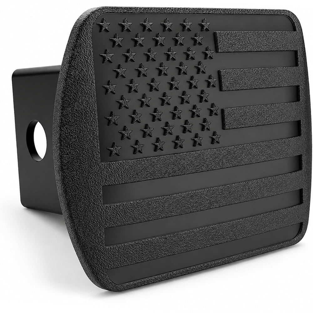 eVerHITCH front view of black flag hitch cover shows patriotic styling and receiver protection