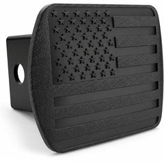 eVerHITCH front view of black flag hitch cover shows patriotic styling and receiver protection