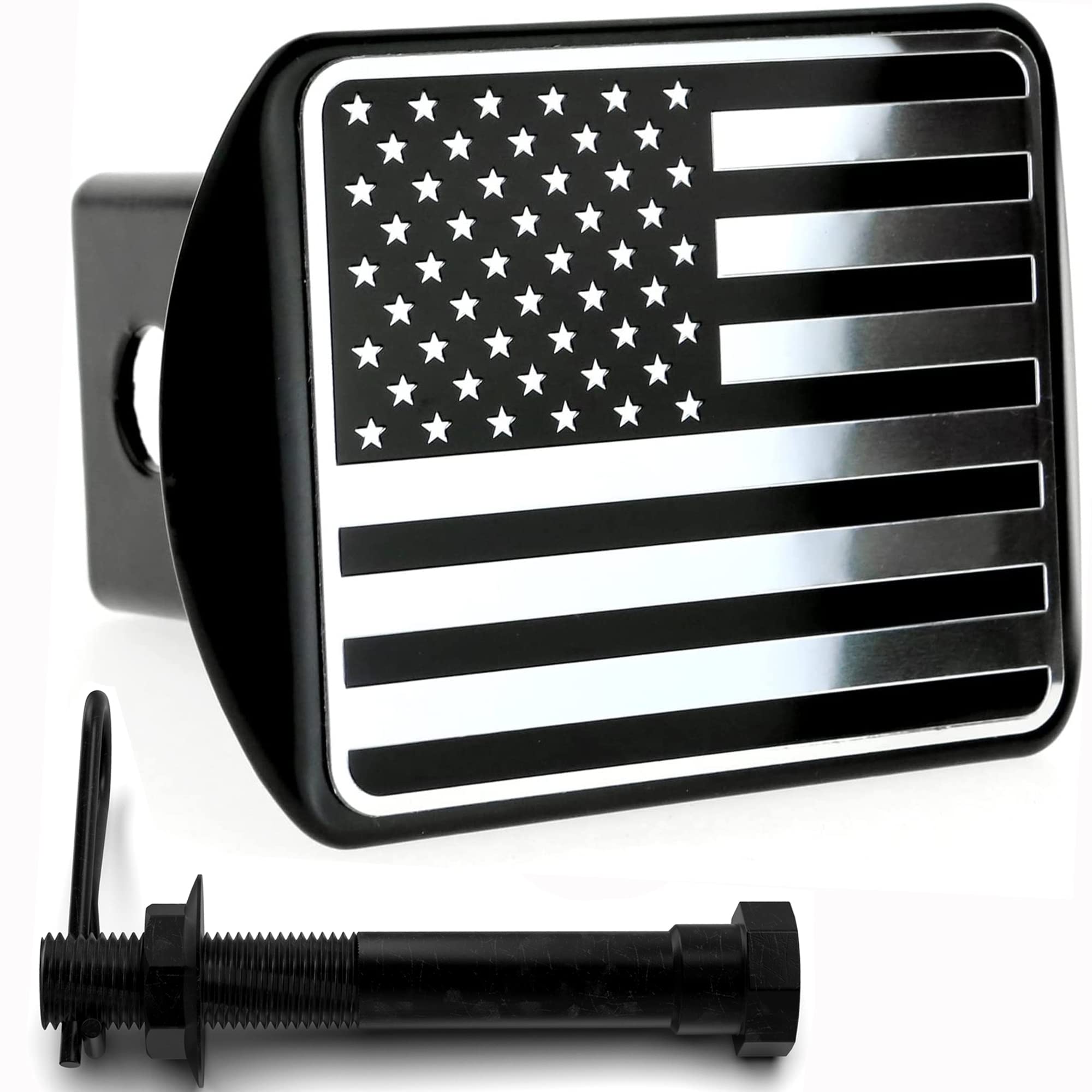 eVerHITCH close-up of stainless-steel flag emblem highlighting rust resistance