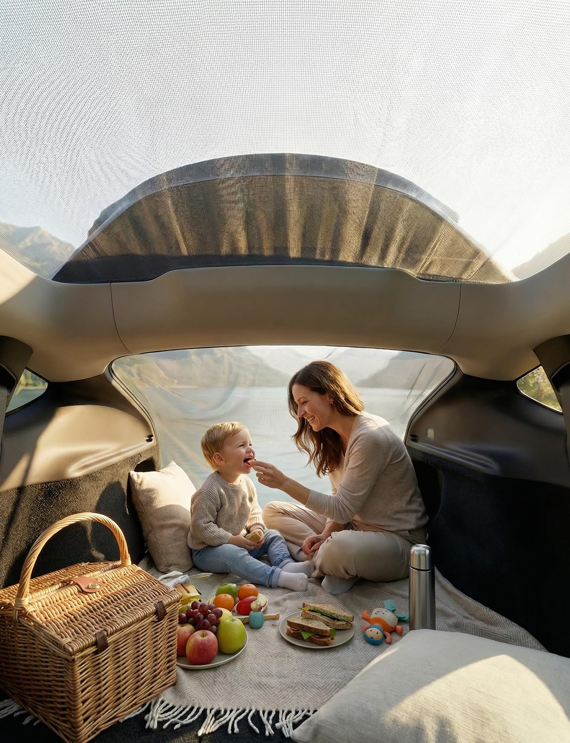 EVFITUS size scale with person sleeping showing spacious layout and comfort