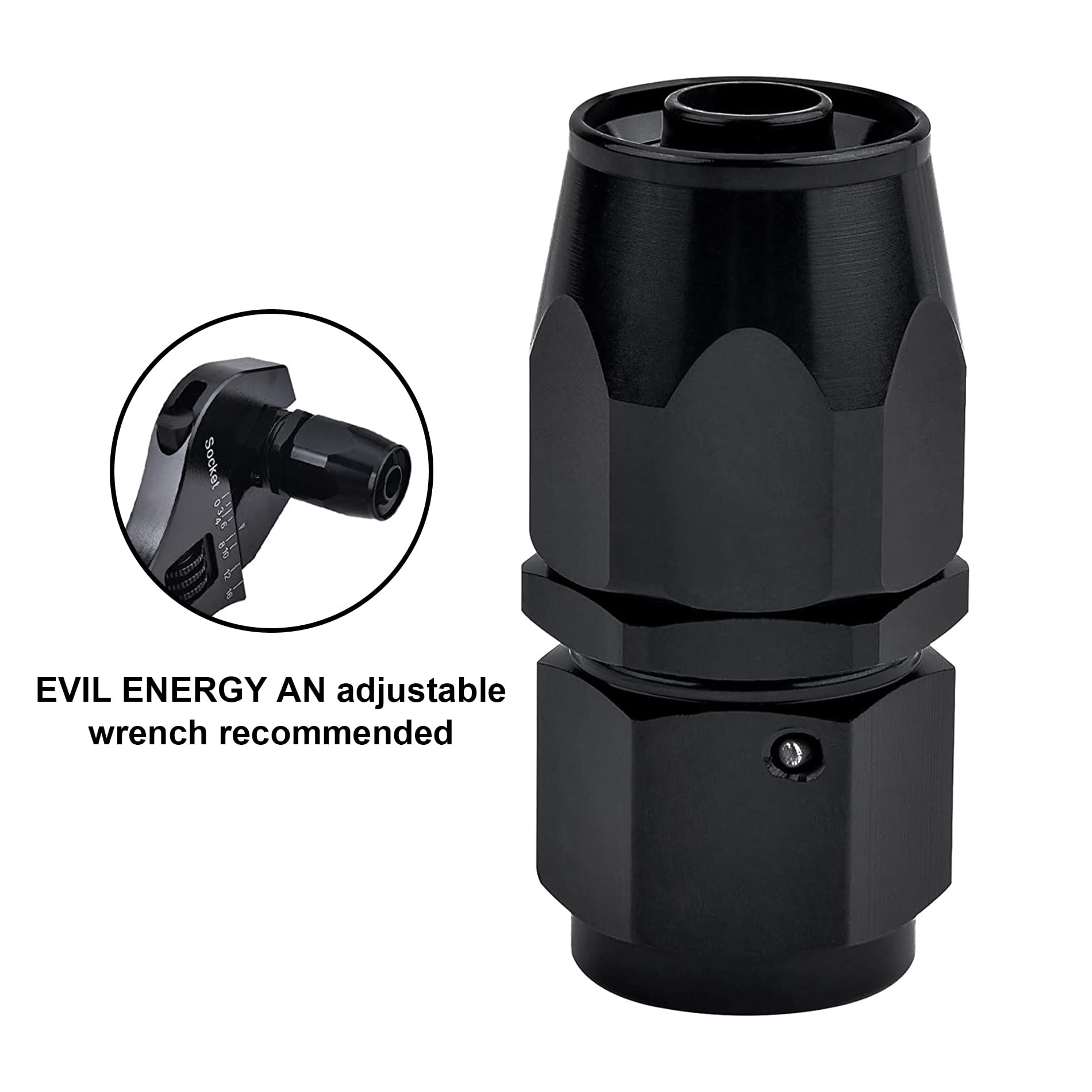 EVIL ENERGY assembled 12AN fitting on stainless braided hose showing proper fitment and secure sealing benefit