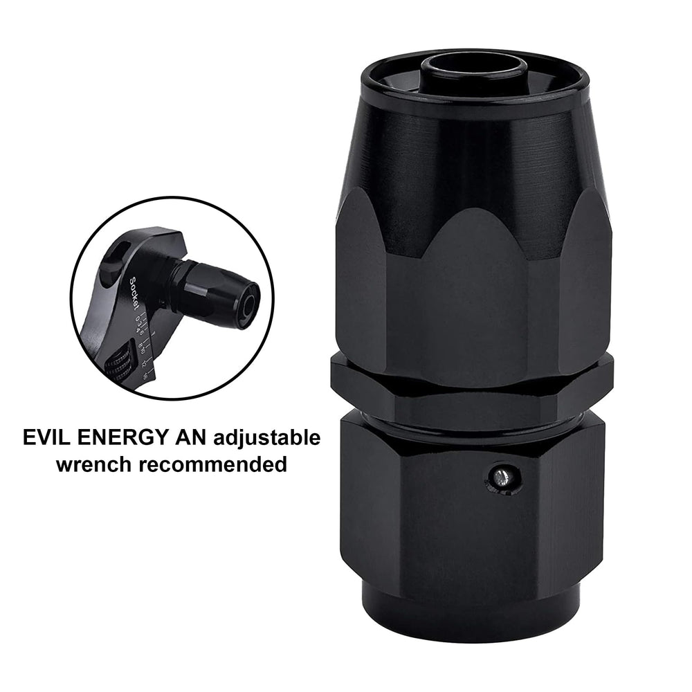 EVIL ENERGY assembled 12AN fitting on stainless braided hose showing proper fitment and secure sealing benefit