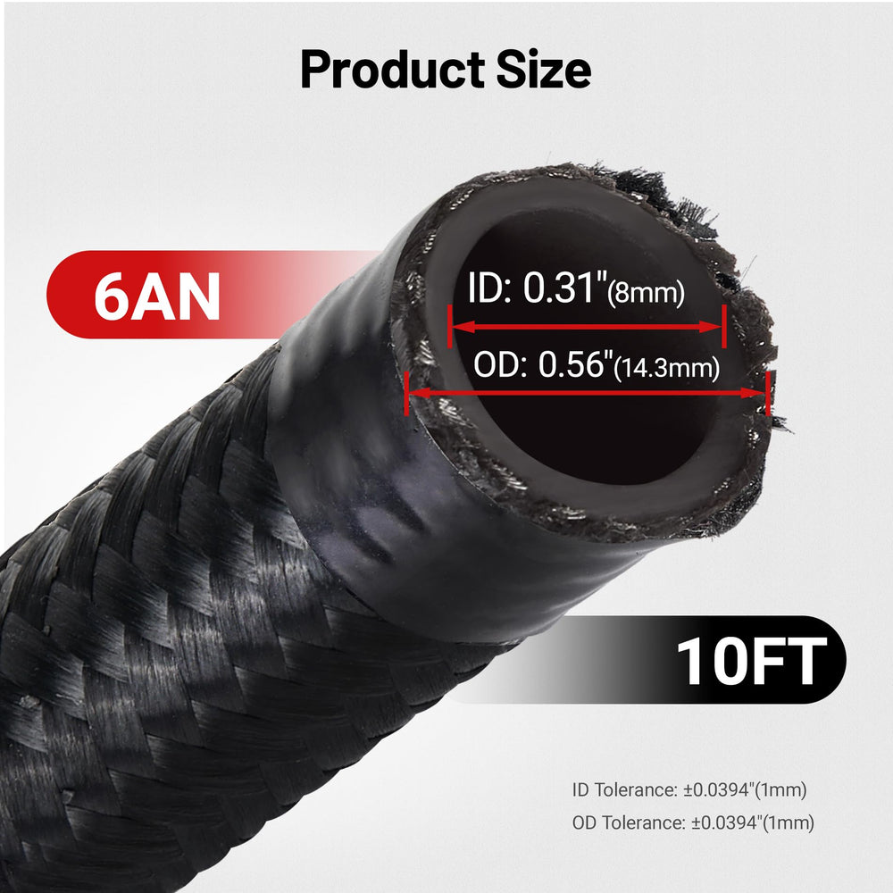 EVIL ENERGY hose next to 6AN swivel fitting showing size fitment and installation clarity benefit