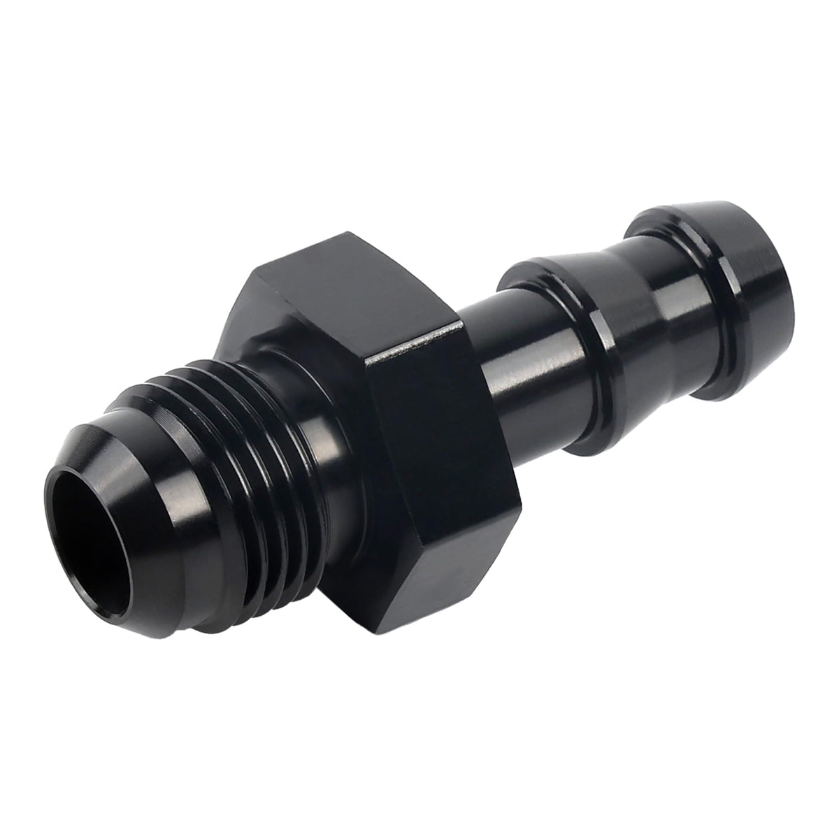 EVIL ENERGY front view of 6AN to 3/8" barb adapter showing shape and finish, offering durable conversion