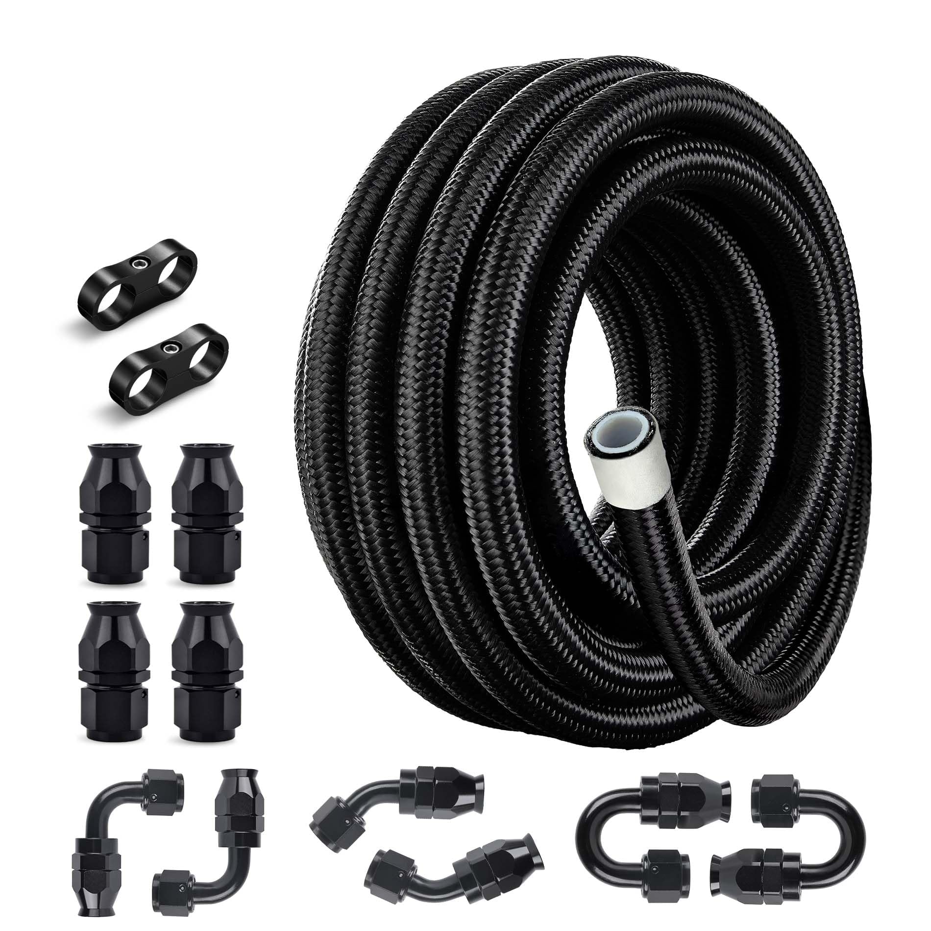 EVIL ENERGY front view of coiled AN10 PTFE hose showing length and finish, durable protection