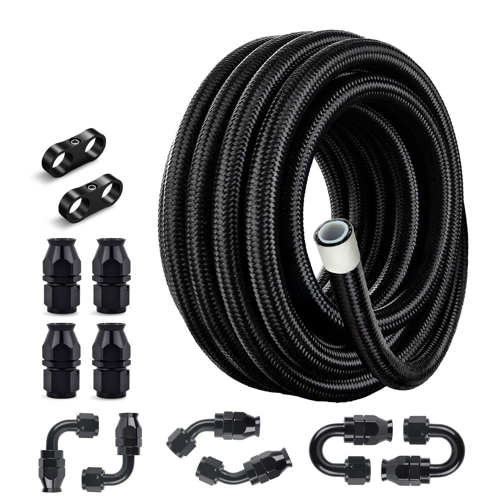 EVIL ENERGY front view of coiled AN10 PTFE hose showing length and finish, durable protection