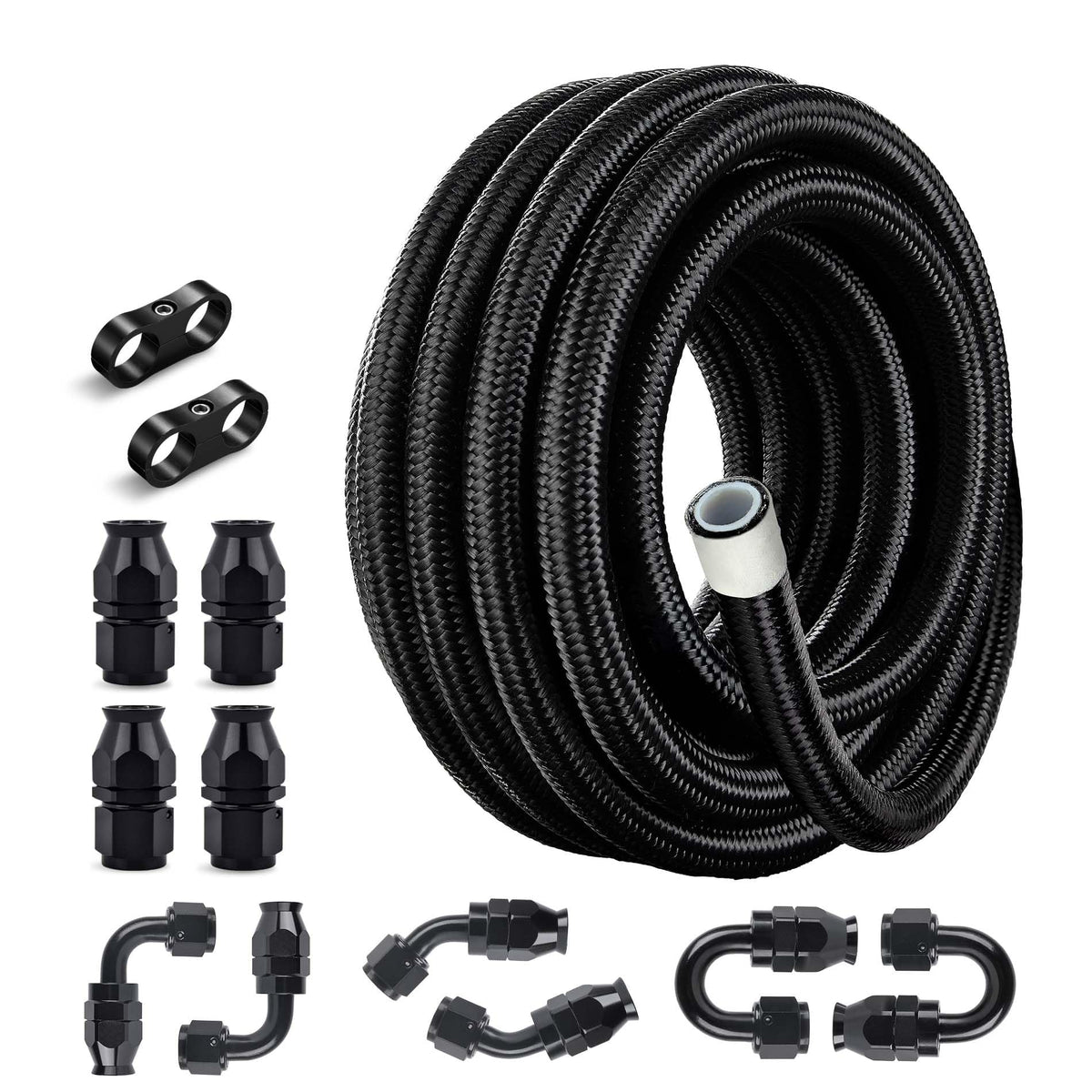 EVIL ENERGY front view of coiled AN10 PTFE hose showing length and finish, durable protection