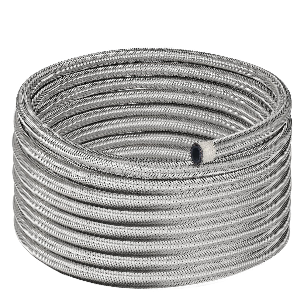 EVIL ENERGY 6AN braided fuel line front view showing silver nylon braid and overall finish