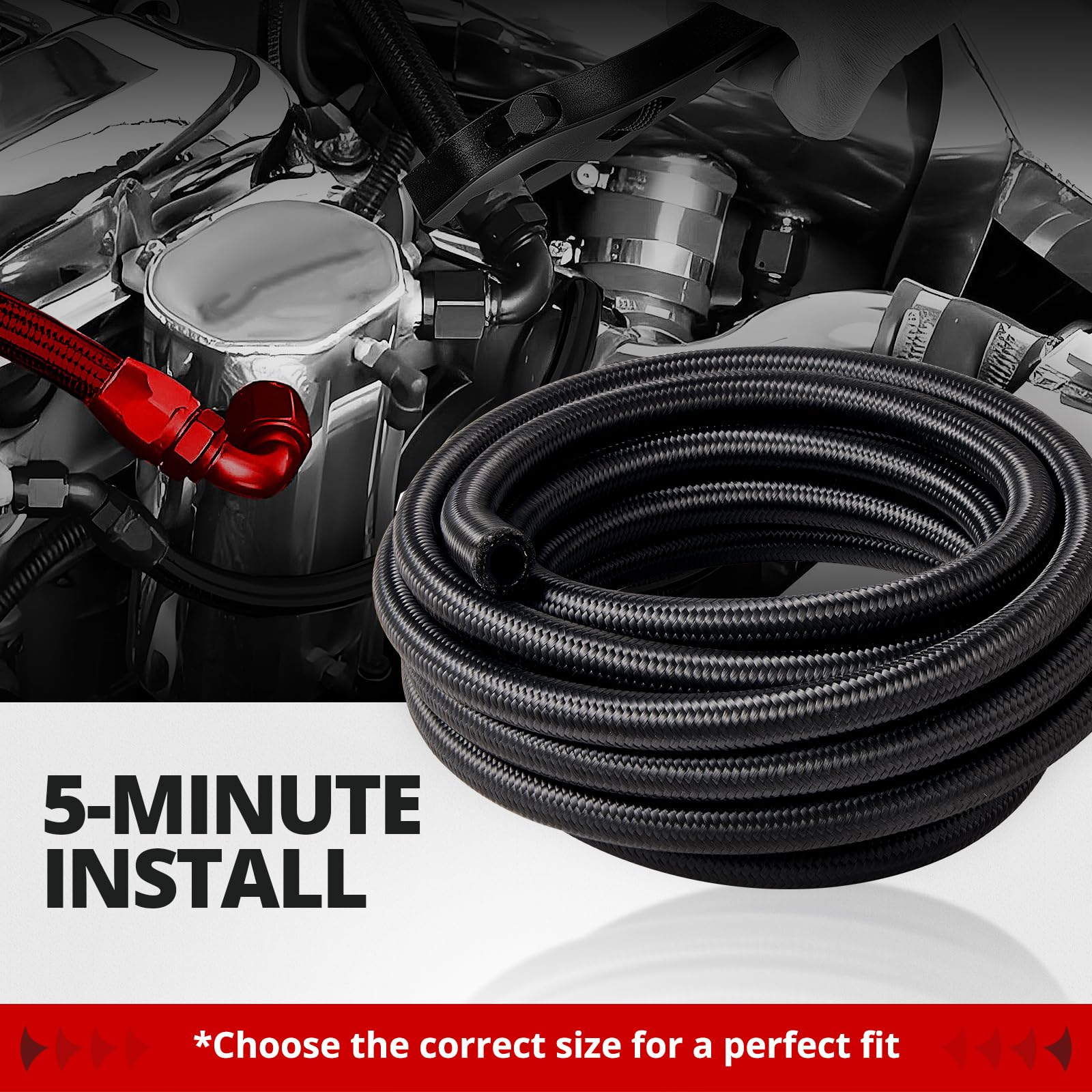 EVIL ENERGY hose installed in engine bay showing fit with AN6 fittings and reliable routing