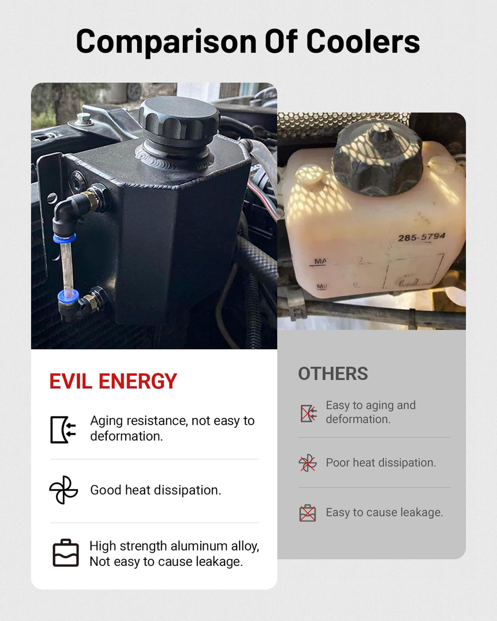 EVIL ENERGY barb fittings connected to 3/8" hose showing secure coolant routing