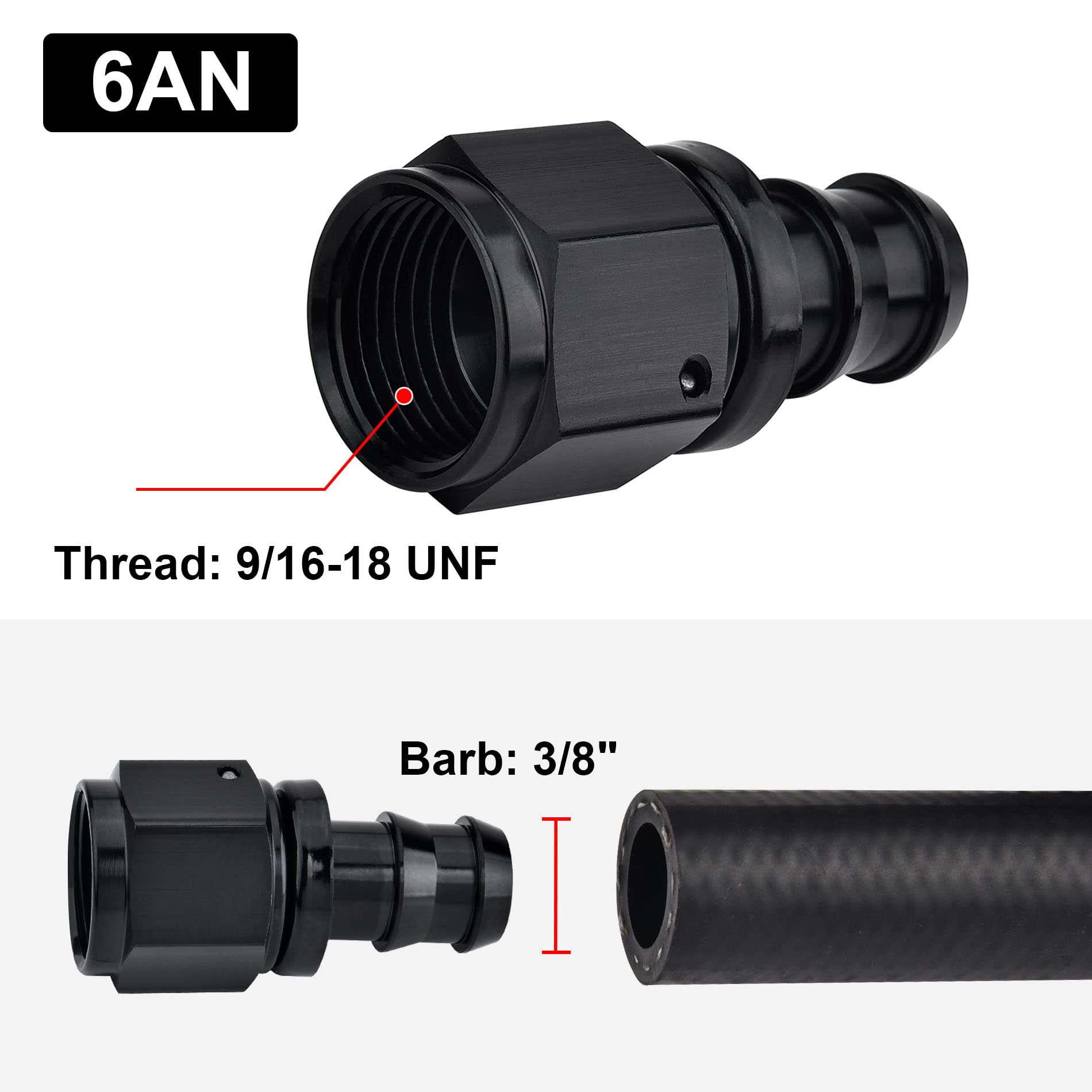 EVIL ENERGY close-up of 3/8 inch barb detail, highlights secure hose grip and leak prevention