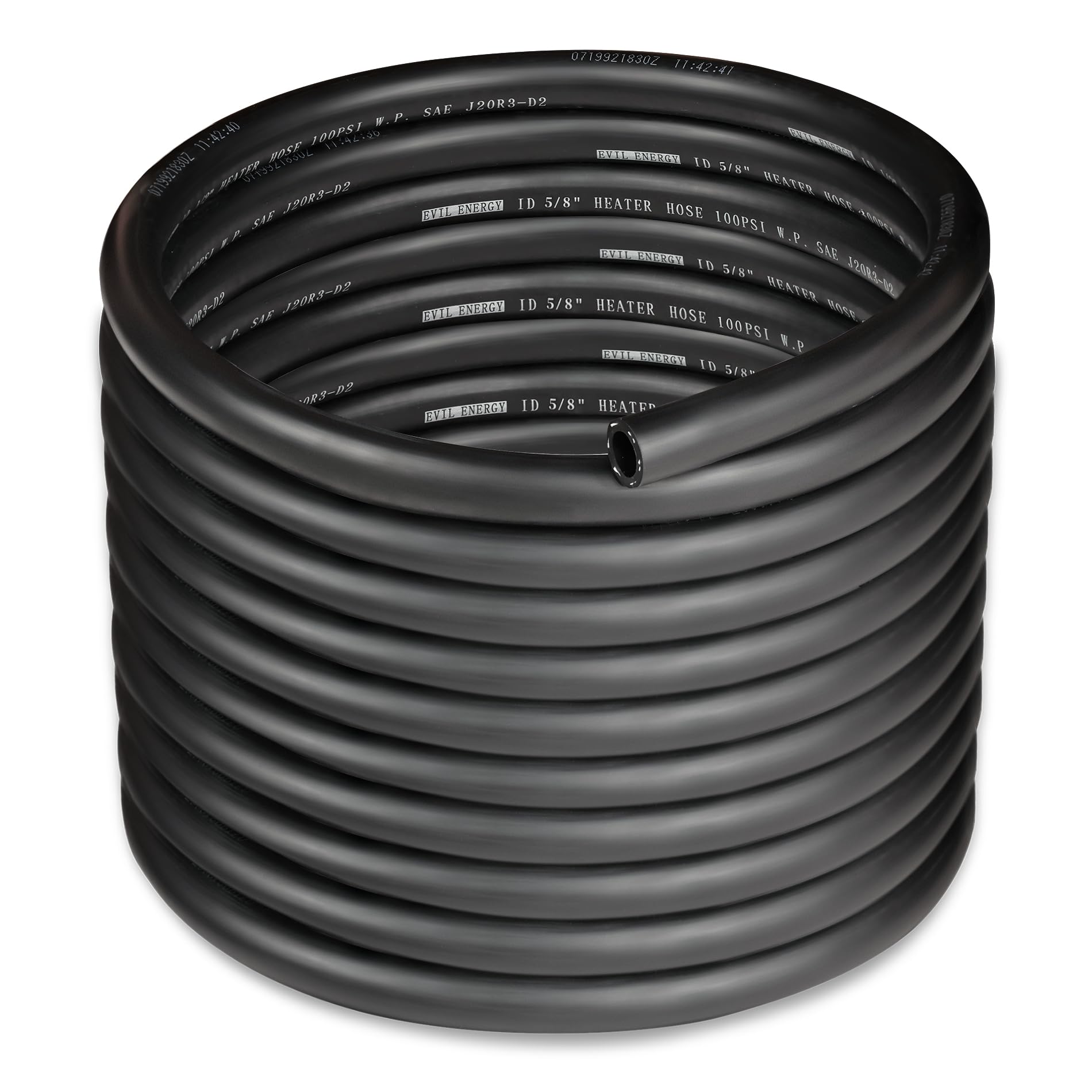 EVIL ENERGY front view of 25ft hose showing coiled length and label, clear product ID