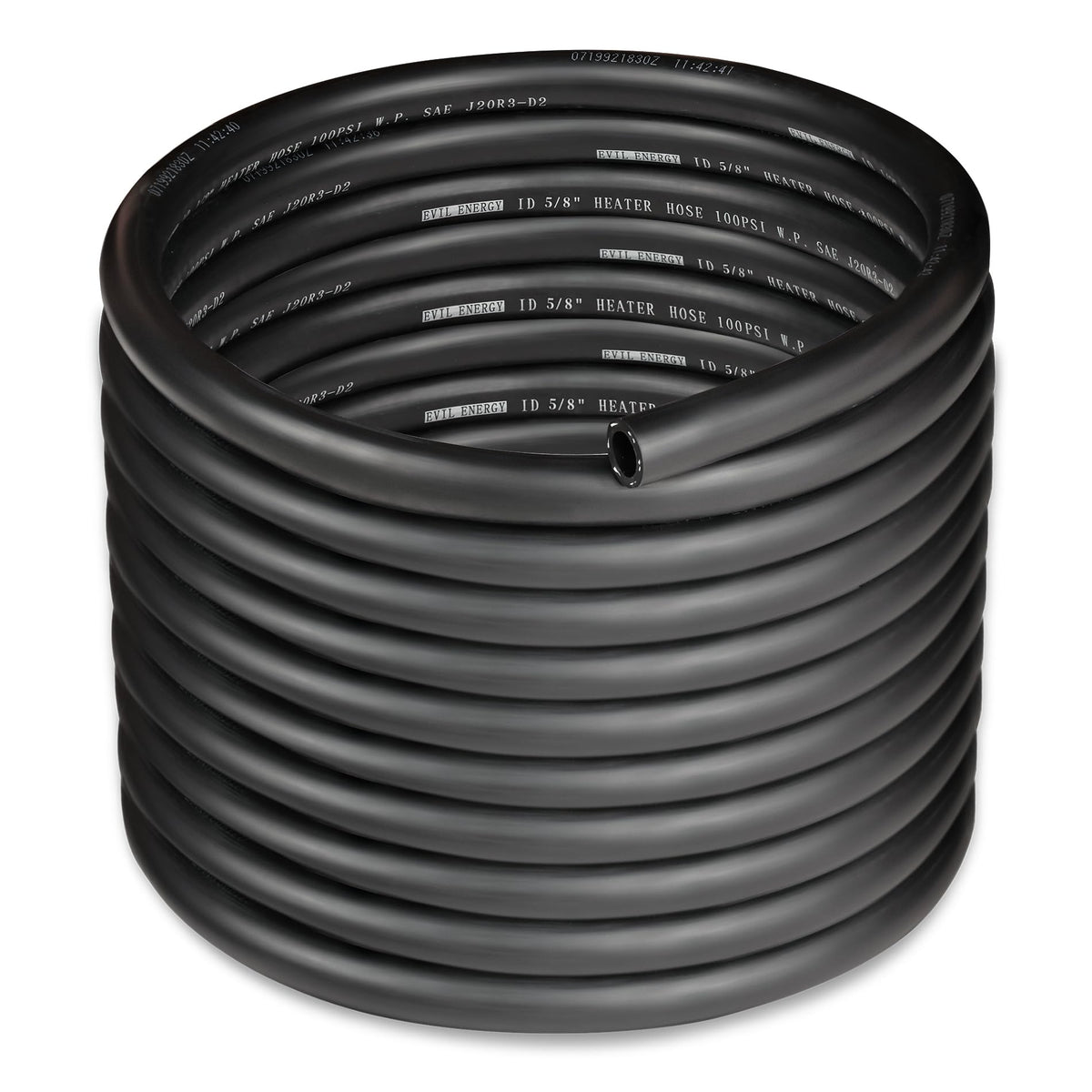 EVIL ENERGY front view of 25ft hose showing coiled length and label, clear product ID