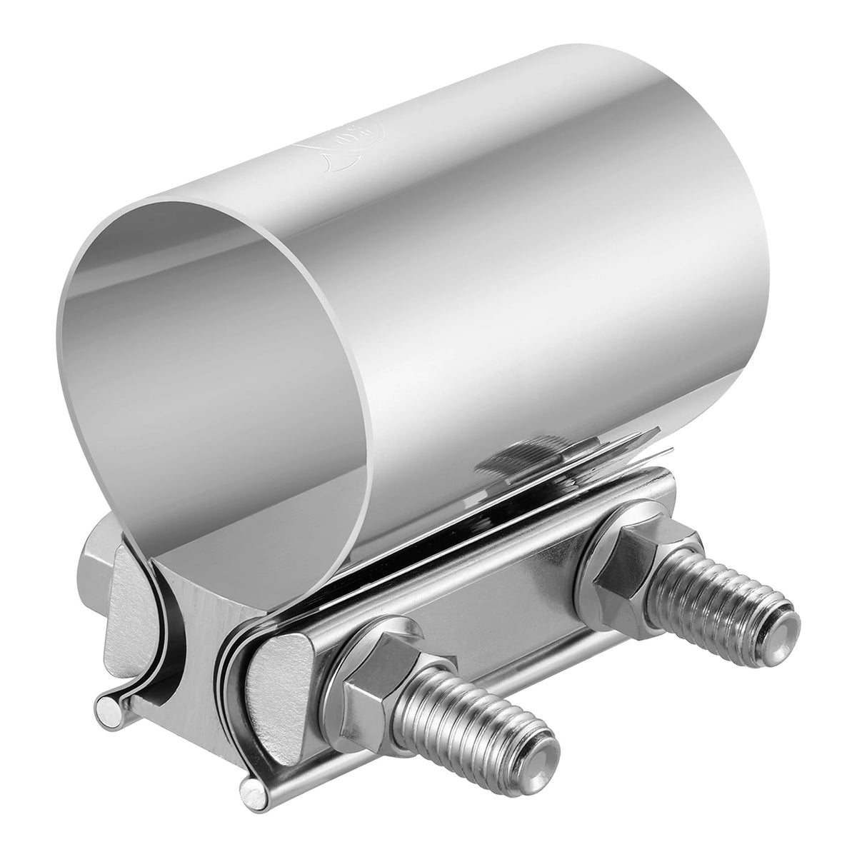 EVIL ENERGY front view of 2.5" exhaust clamp set showing all four pieces and hardware, clear fit