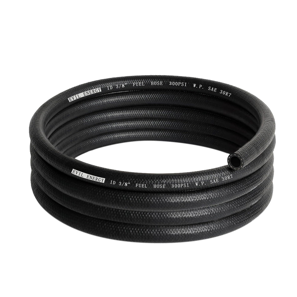 EVIL ENERGY front view of 3/8 inch fuel hose showing label and 10ft coil, durable performance