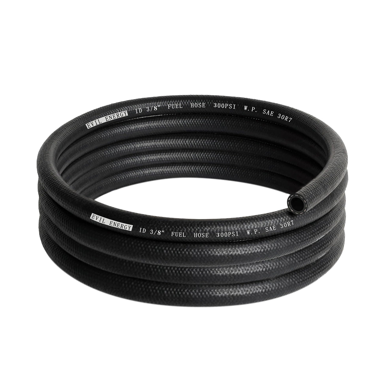 EVIL ENERGY front view of 3/8 inch fuel hose showing label and 10ft coil, durable performance