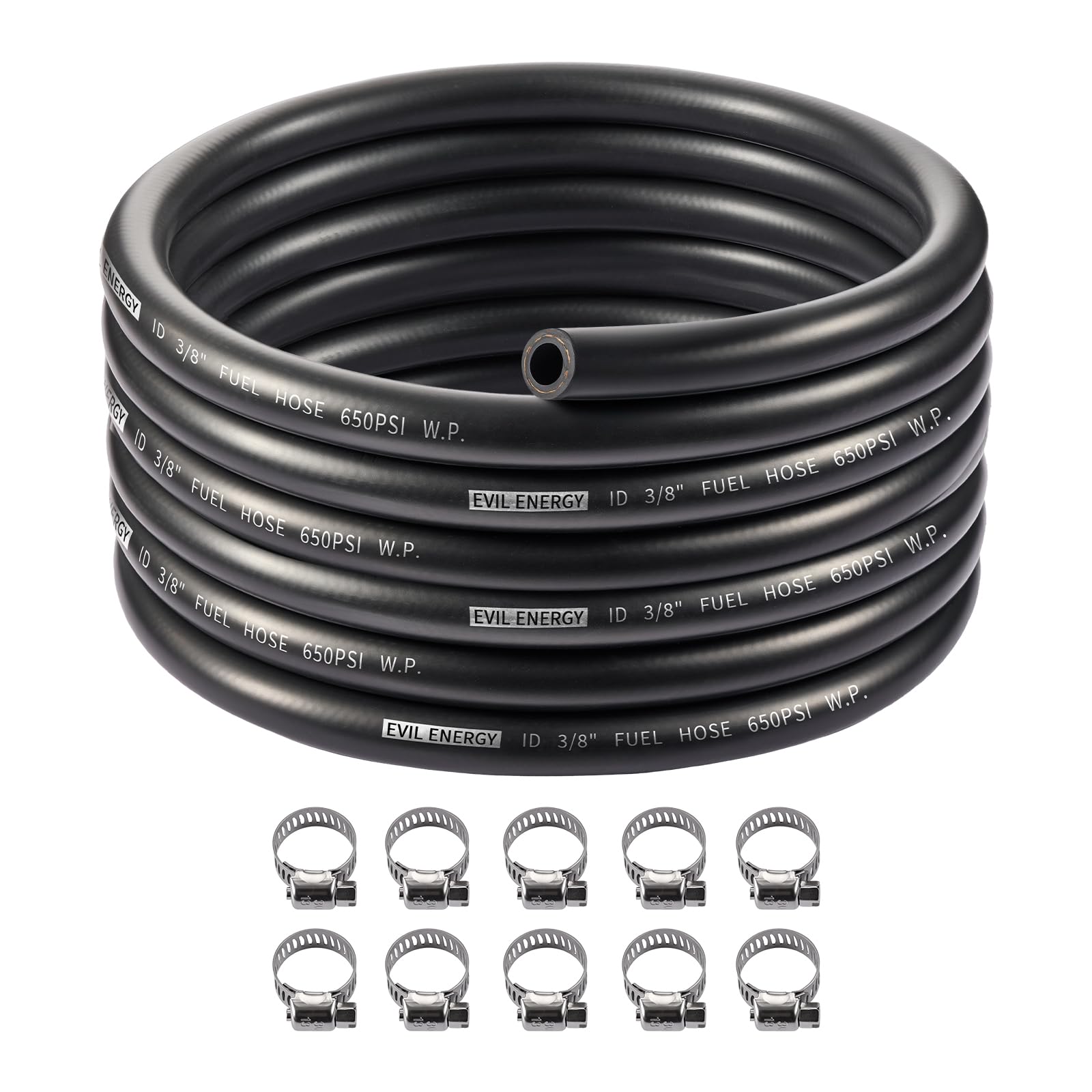 EVIL ENERGY front packaging coil showing 20ft hose and clamps for easy install
