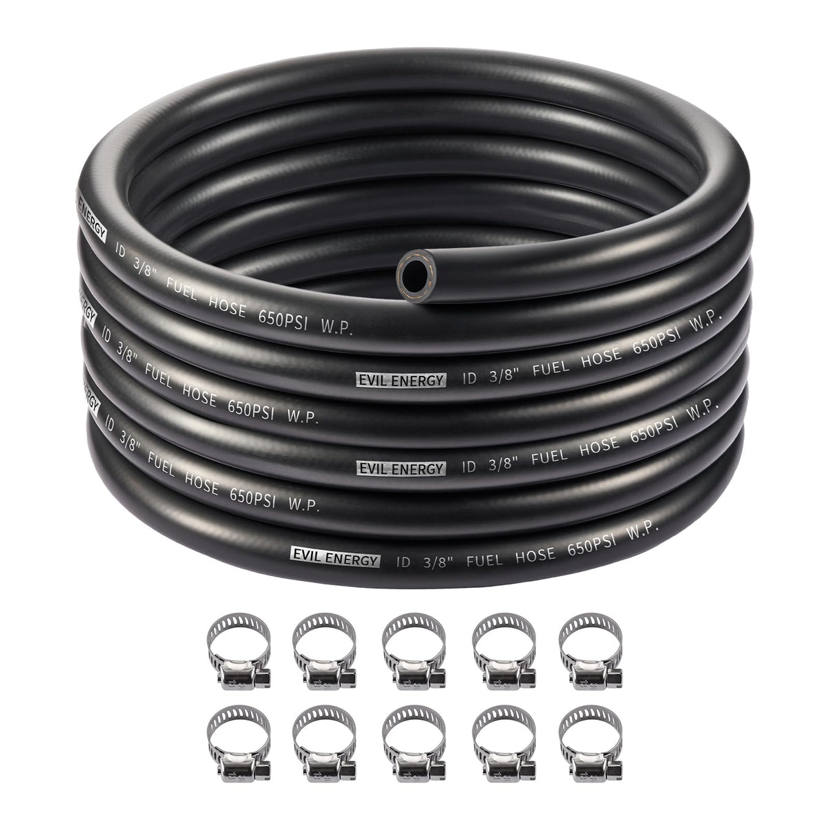 EVIL ENERGY front packaging coil showing 20ft hose and clamps for easy install