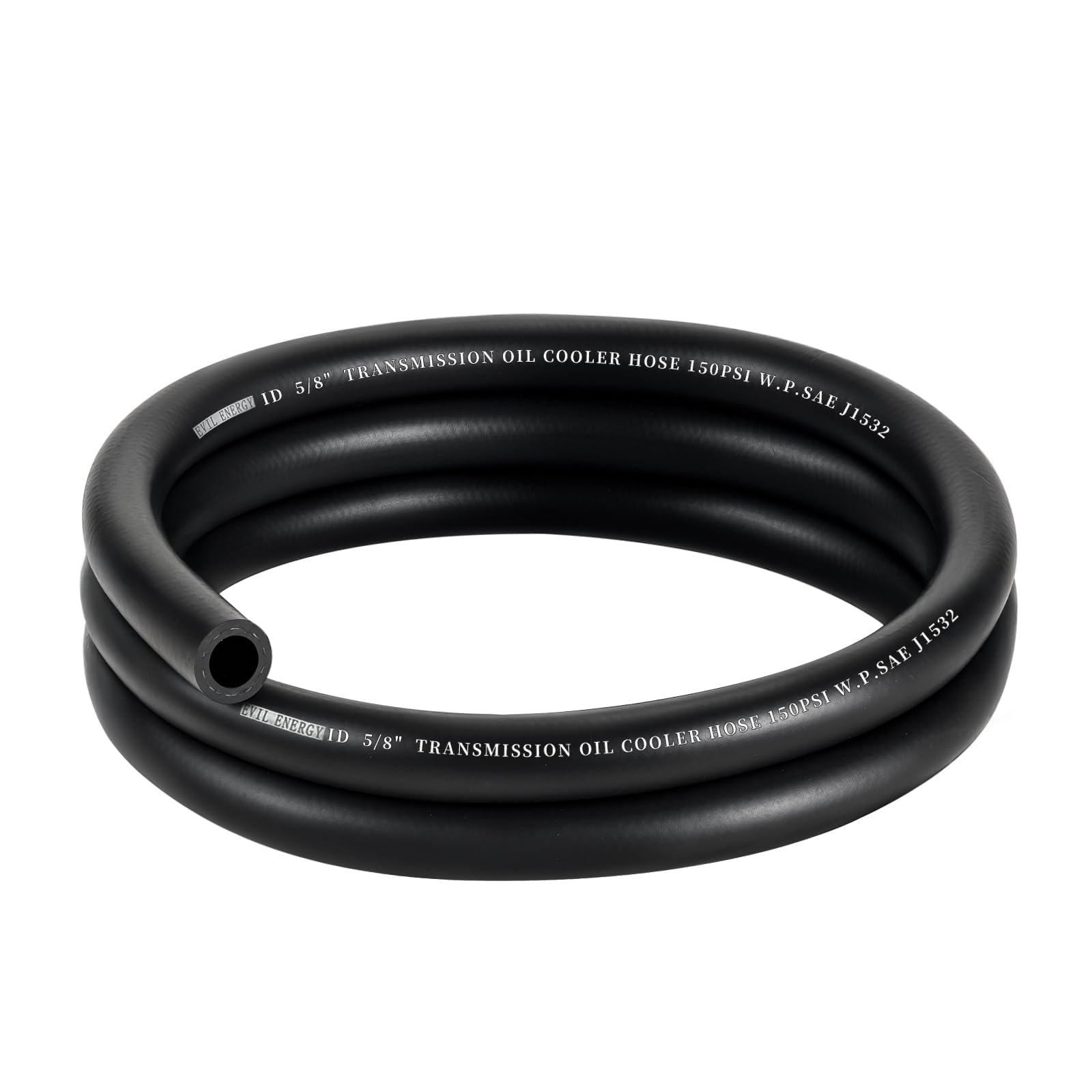 EVIL ENERGY front view of coiled transmission hose showing labeling and length benefit