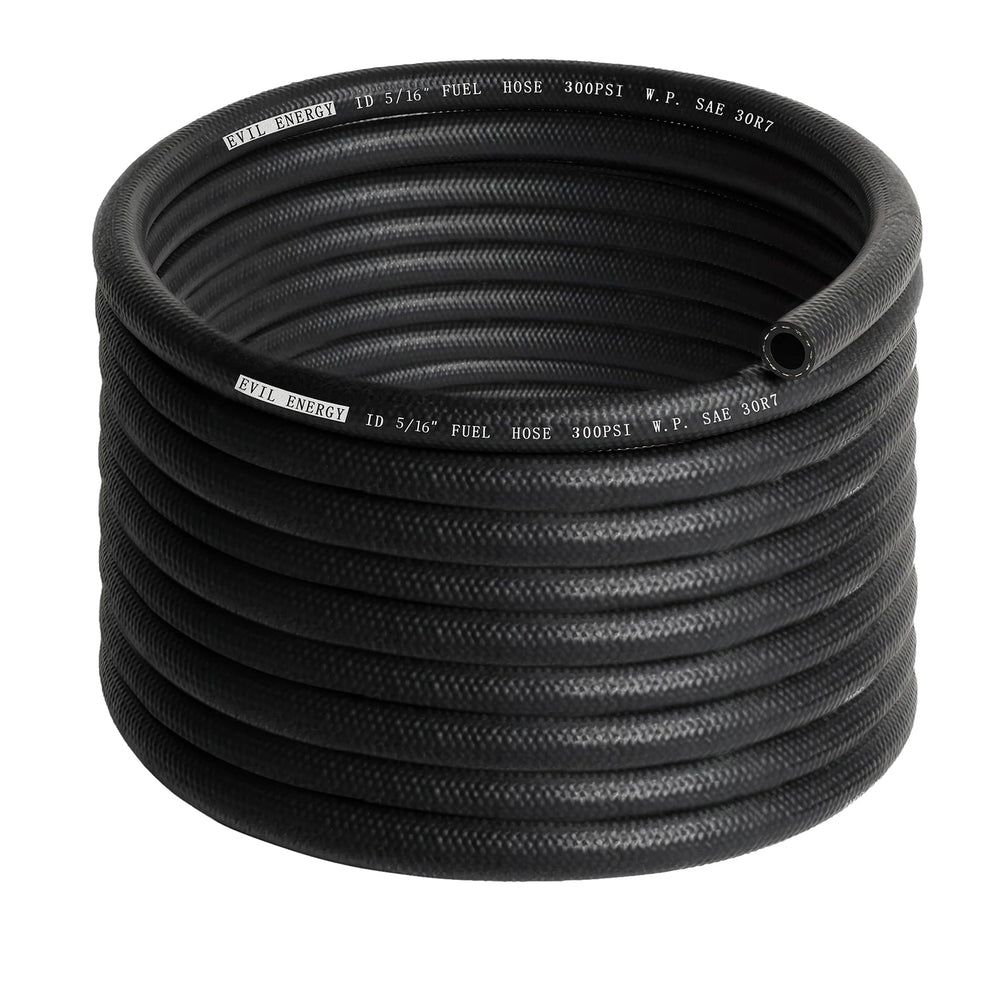 EVIL ENERGY front view of 25ft fuel hose roll showing coiled length and label