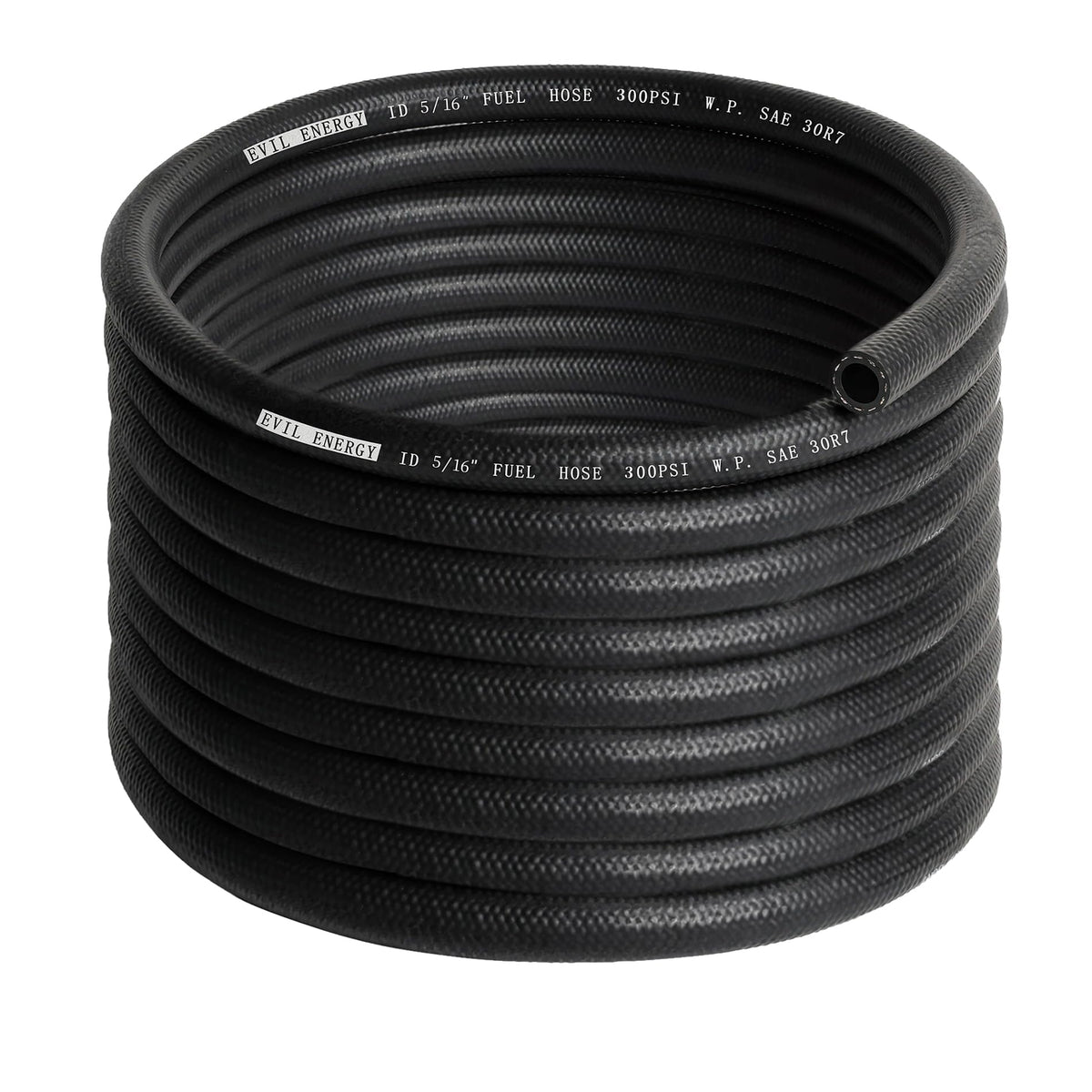EVIL ENERGY front view of 25ft fuel hose roll showing coiled length and label