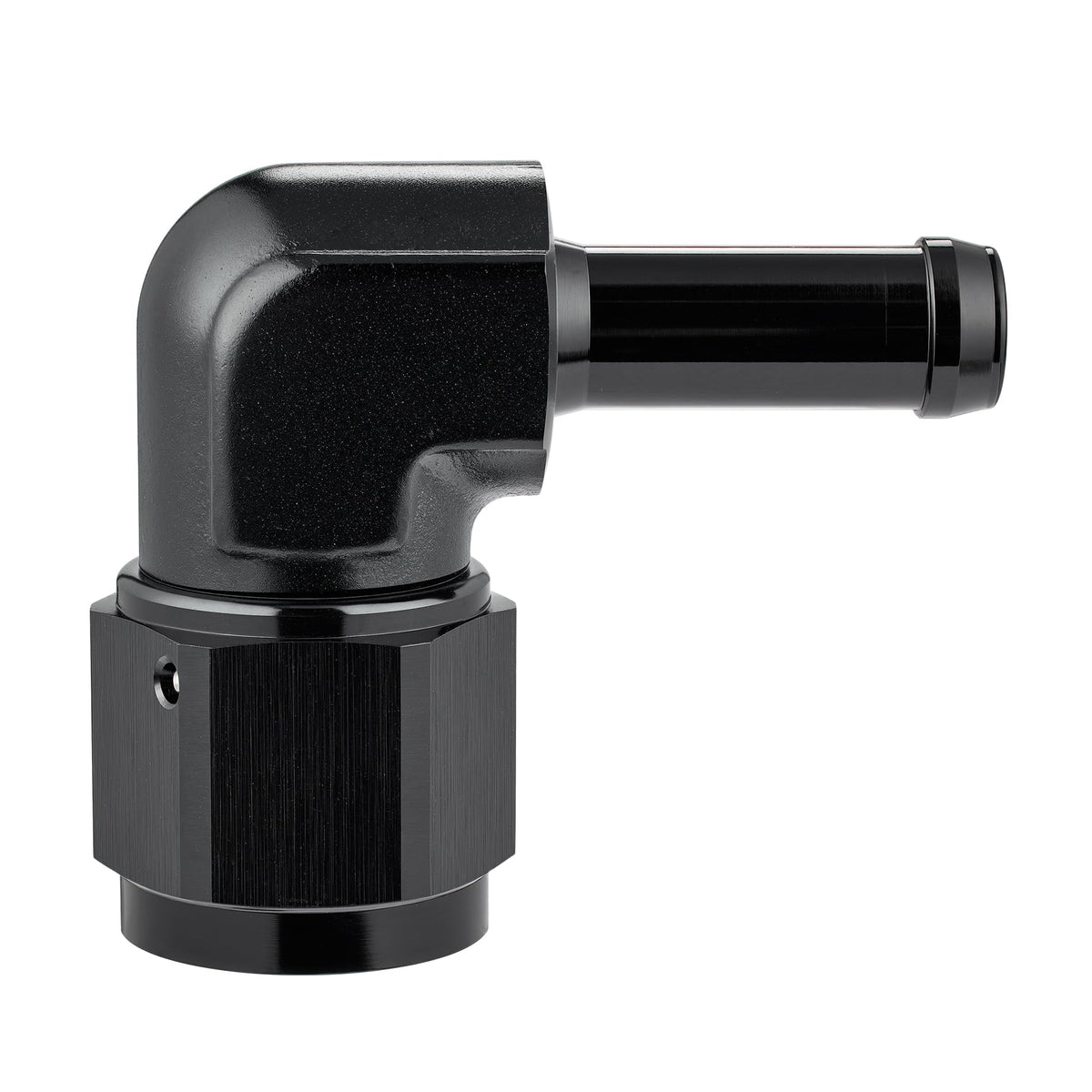 EVIL ENERGY front view showing 8AN female to 3/8" barb 90° swivel, compact routing benefit