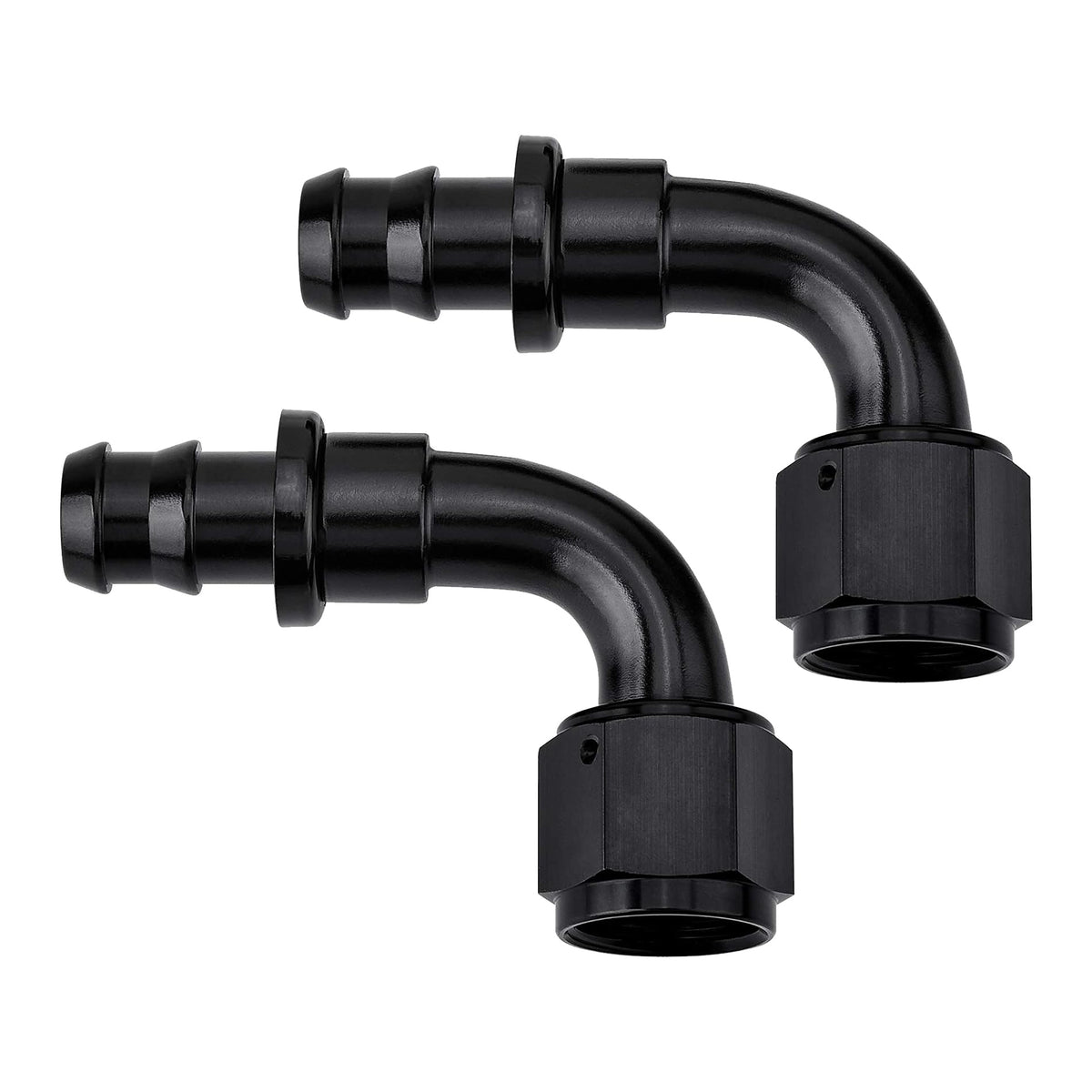 EVIL ENERGY front view 90° 12AN to 3/4" barb fitting shows neat compact profile and durability