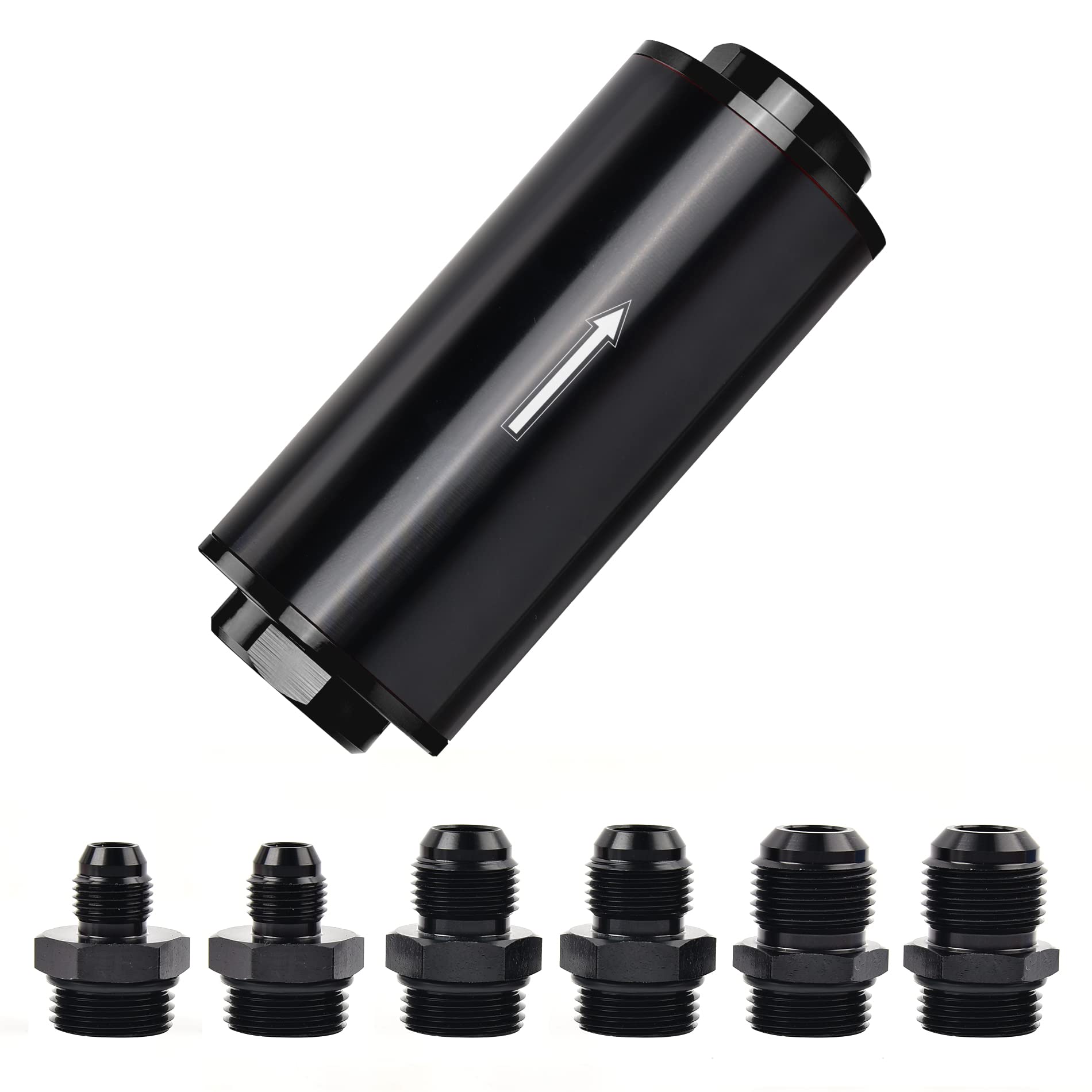 EVIL ENERGY front view of aluminum inline fuel filter showing compact can and fittings for easy installation