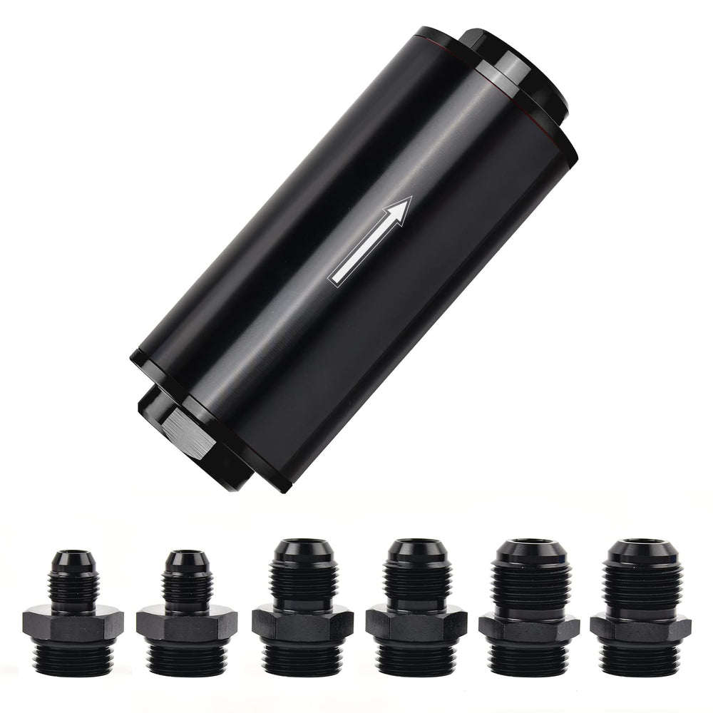 EVIL ENERGY front view of aluminum inline fuel filter showing compact can and fittings for easy installation