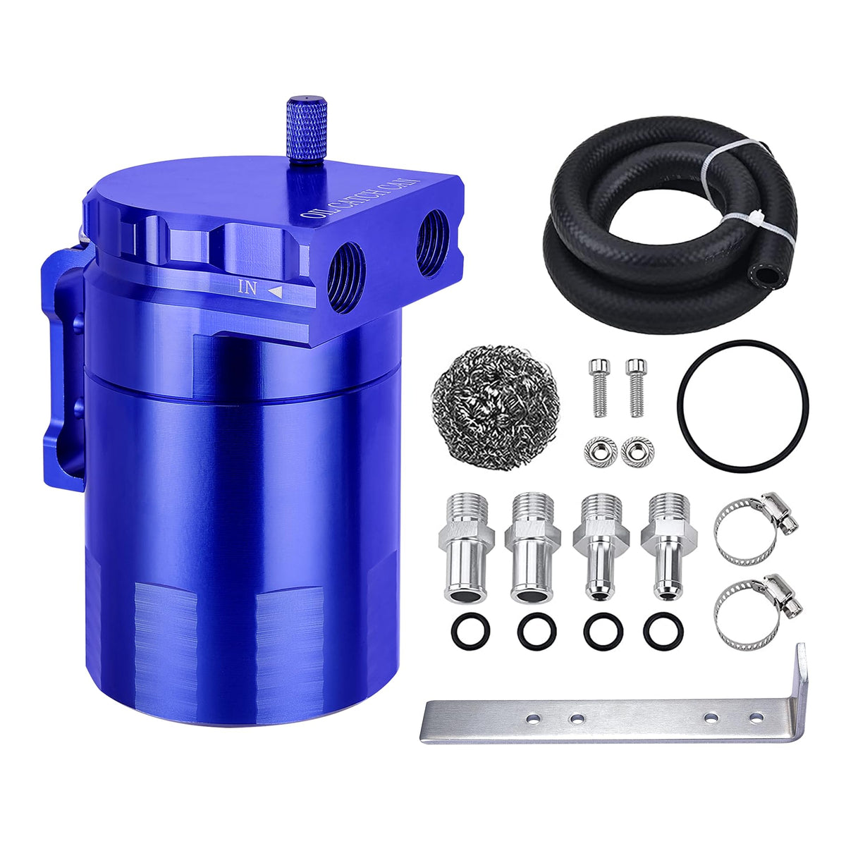 EVIL ENERGY front view catch can showing blue anodized finish and ports, improves PCV cleanliness