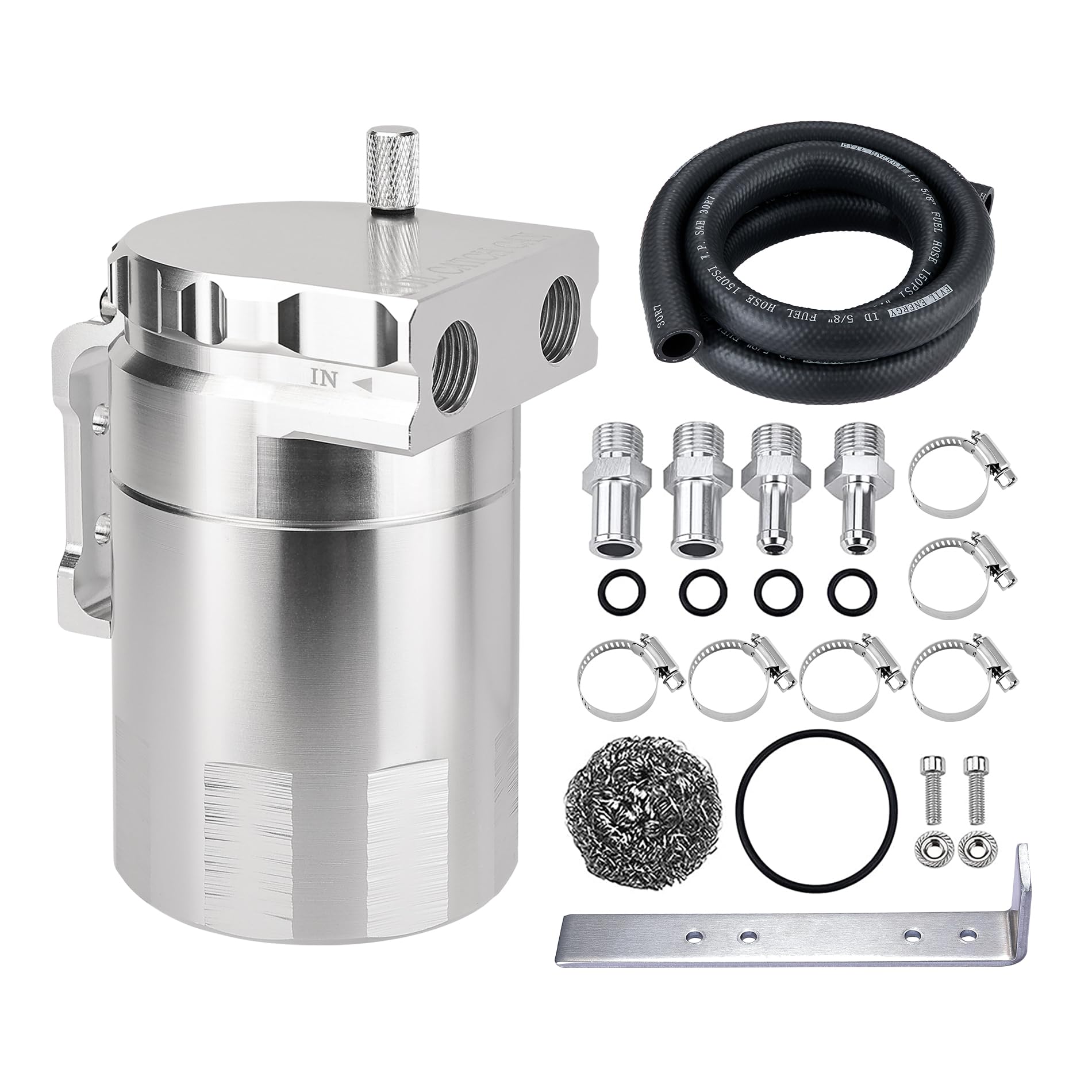 EVIL ENERGY front view catch can showing aluminum body and mounting bracket benefit: durable protection