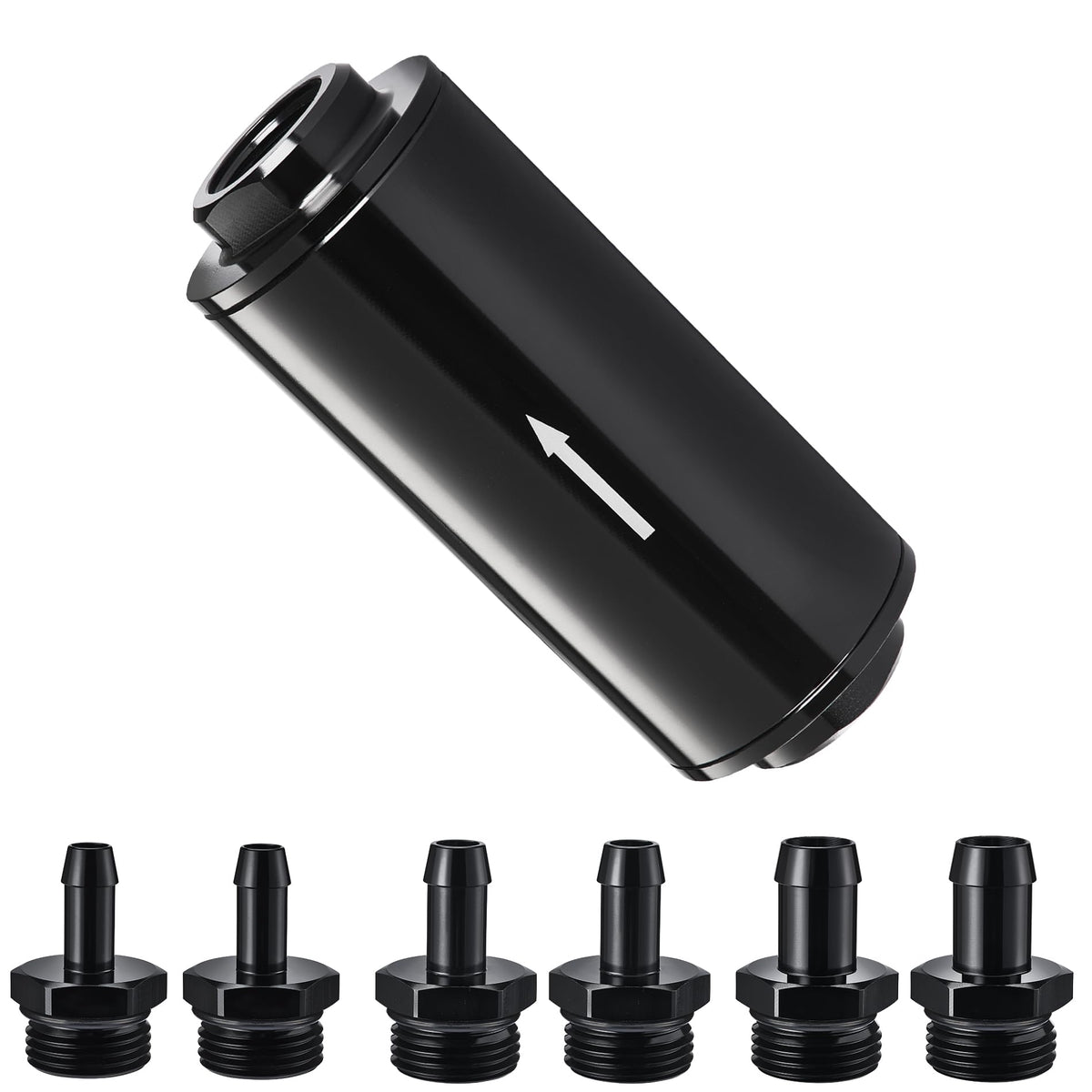 EVIL ENERGY front view of inline fuel filter showing compact aluminum body and flow arrow benefit