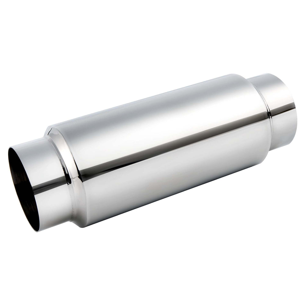 EVIL ENERGY front view of muffler showing inlet outlet and polished finish for confident fit