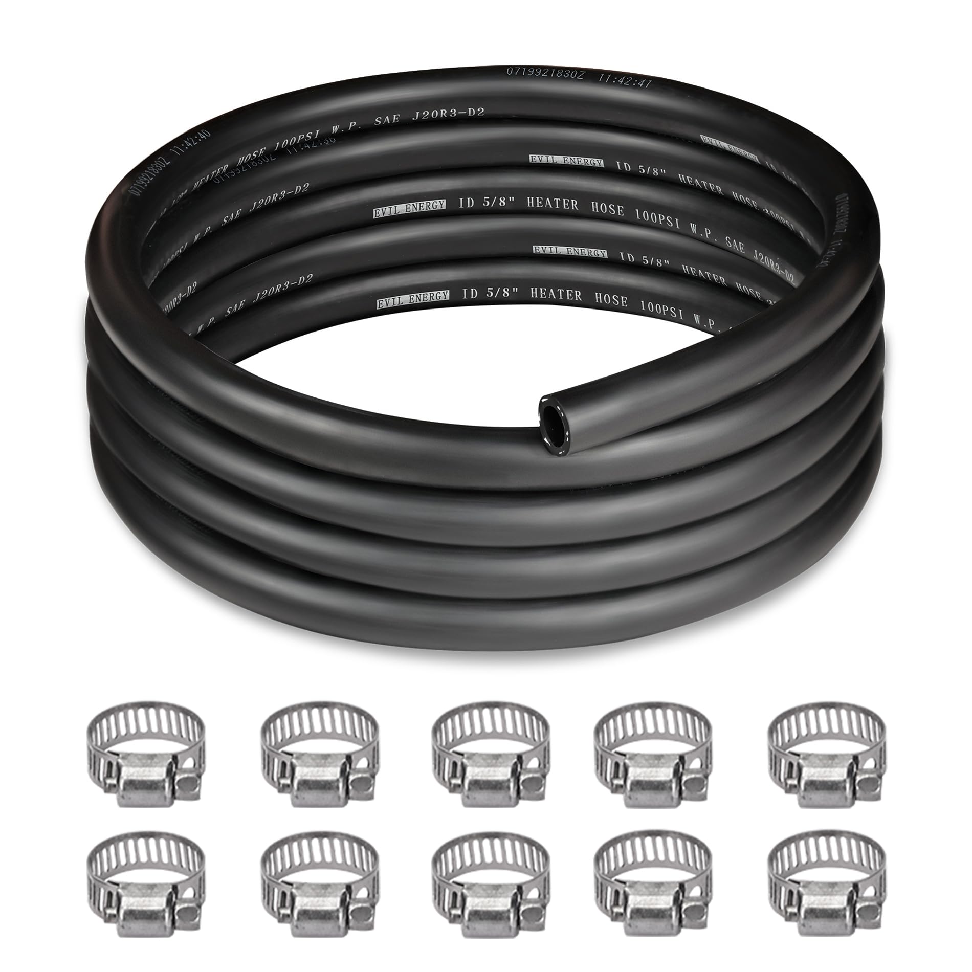 EVIL ENERGY front view of 10ft heater hose kit showing included clamps and packaging for quick install