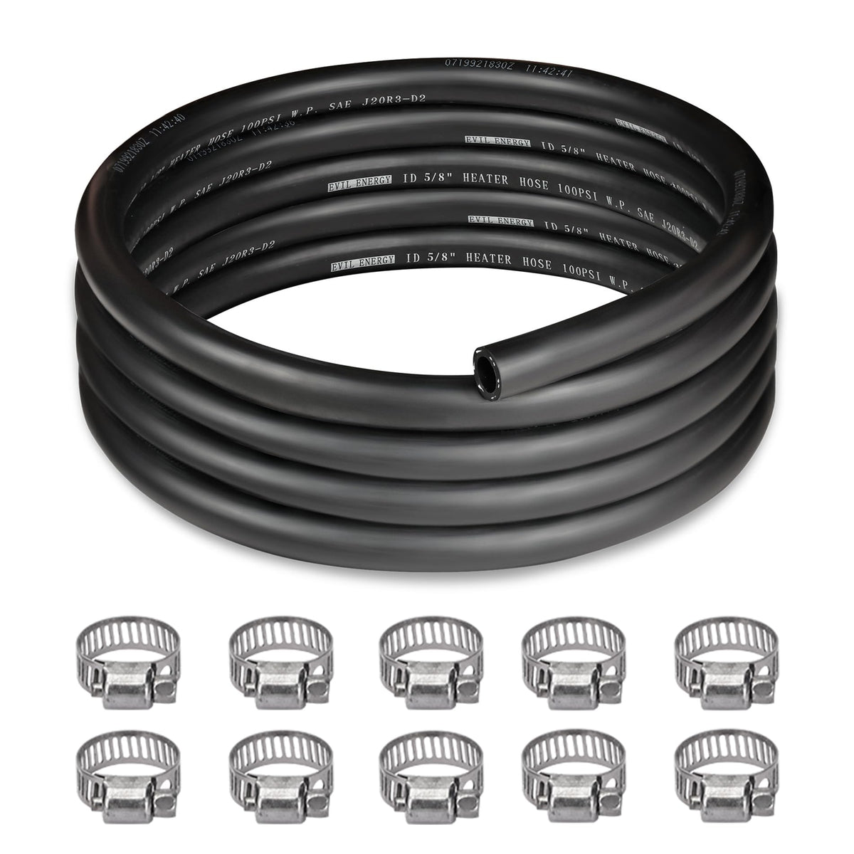 EVIL ENERGY front view of 10ft heater hose kit showing included clamps and packaging for quick install