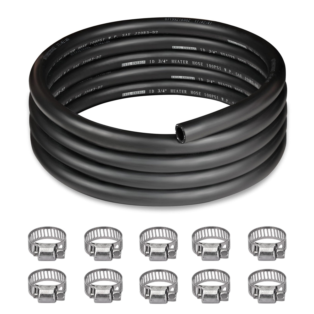 EVIL ENERGY front view of hose roll showing length and label for reliable coolant routing