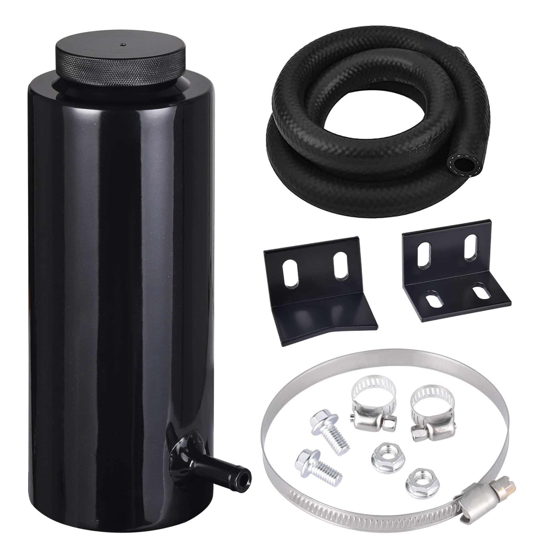 EVIL ENERGY front view of black aluminum overflow tank showing compact design and durability