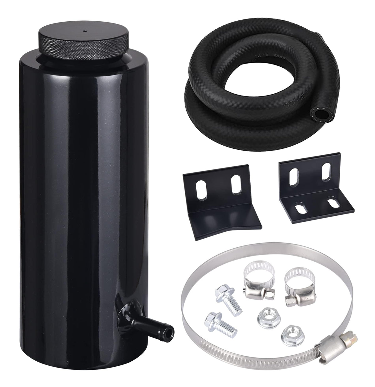 EVIL ENERGY front view of black aluminum overflow tank showing compact design and durability