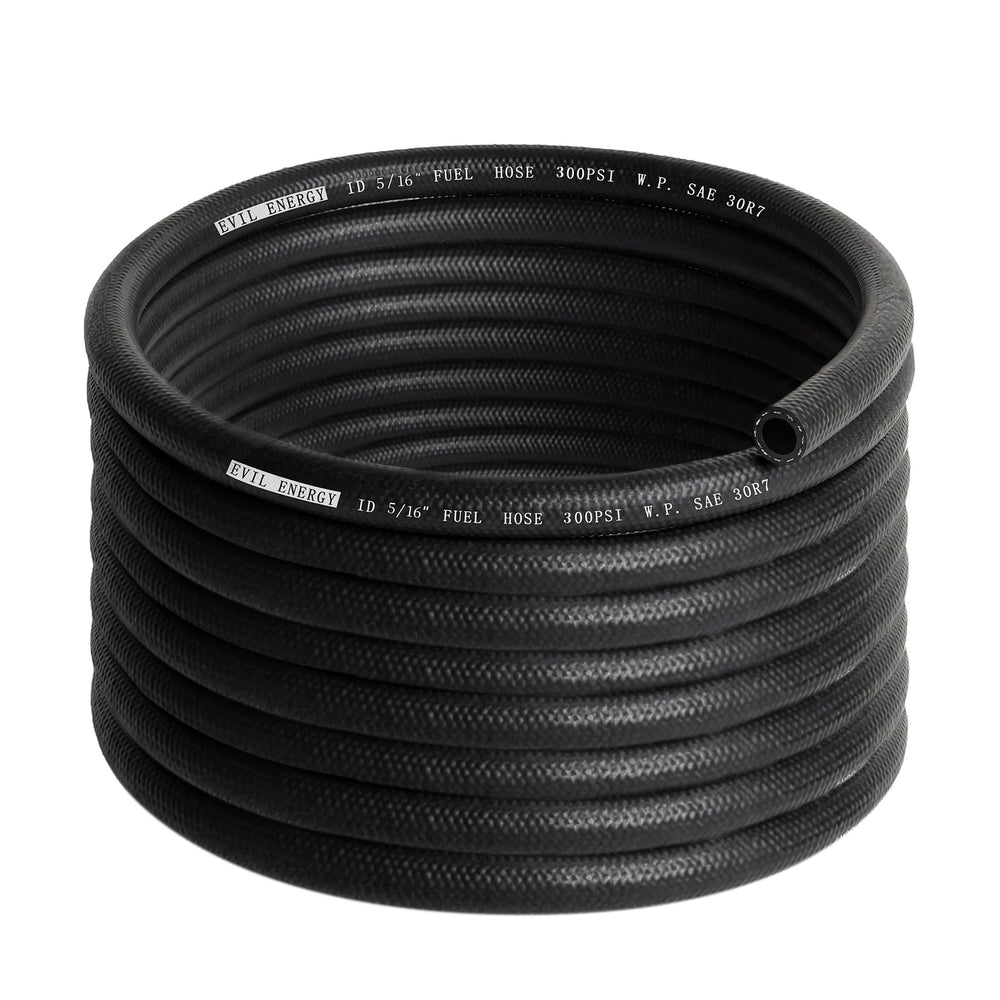 EVIL ENERGY front view of 20ft coiled 5/16" fuel hose showing compact storage and easy deployment