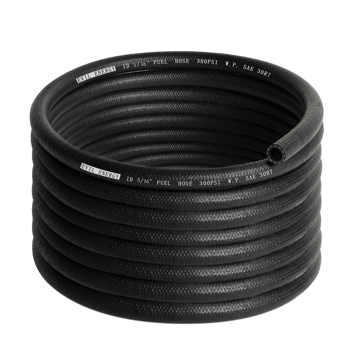 EVIL ENERGY front view of 20ft coiled 5/16" fuel hose showing compact storage and easy deployment