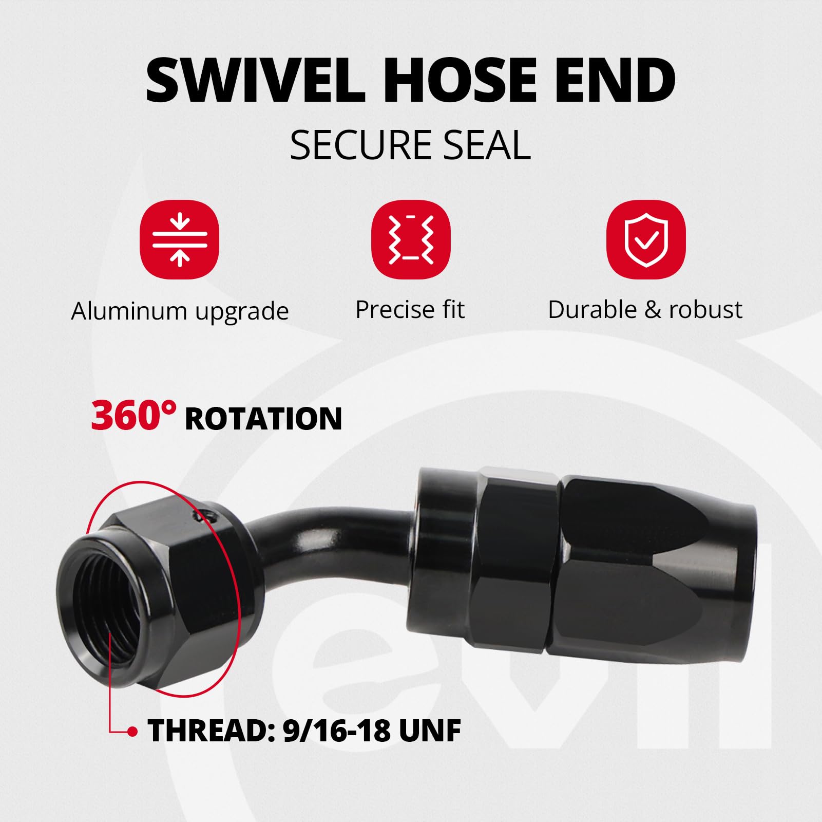 EVIL ENERGY swivel hose end close-up demonstrating easy custom-length assembly